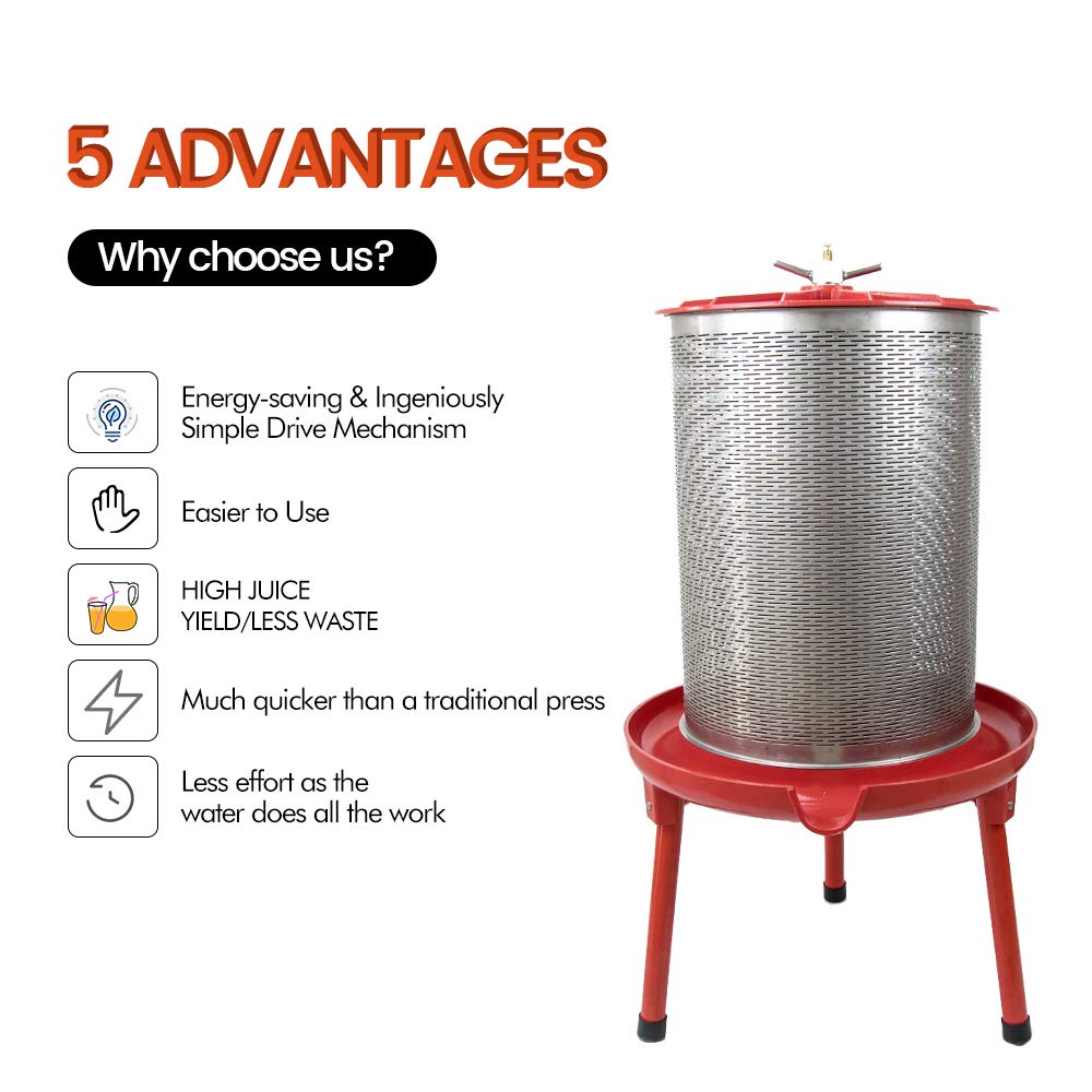 Electric-Free Hydraulic Fruit Wine Press - 5.3 Gallon Water-Powered Cider & Juice Maker with Filter Bag & Splash Guard for Apple, Grape, Berry Winemaking at Home