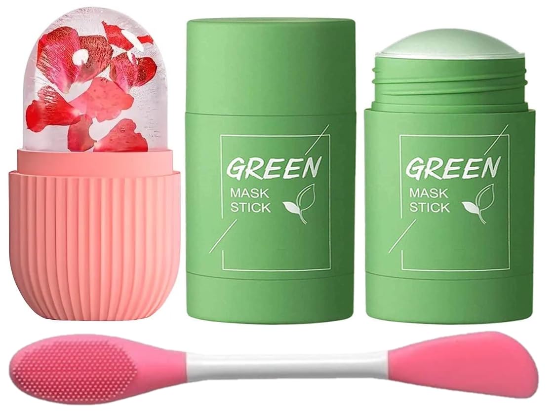 N.Y.N Beauty Ultimate Skin Care Set - Green Tea Purifying Clay Stick Mask, Ice Face Roller & 2-in-1 Facial Cleansing Brush for Glowing, Acne-Free Skin | Deep Cleansing, Pore Minimizing & Soothing Routine for Oily & Combination Skin Types