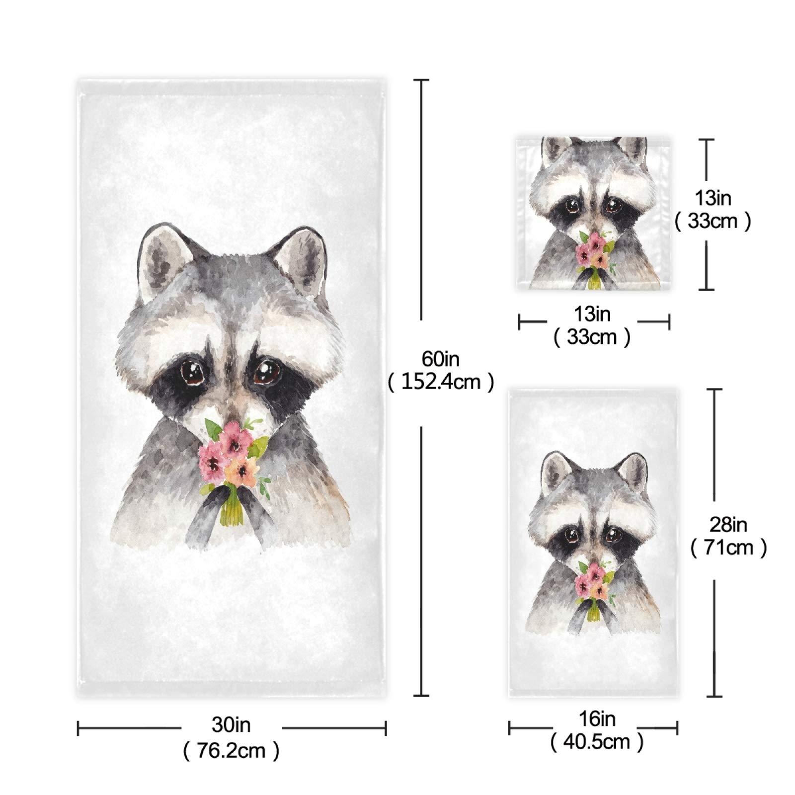 Soft Absorbent Watercolor Raccoon Baby Bath Towel Set - 3 Pieces (Bath Towel, Hand Towel, Washcloth) for Nursery, Spa, Hotel & Beach | Floral Animal Print Baby Shower Gift