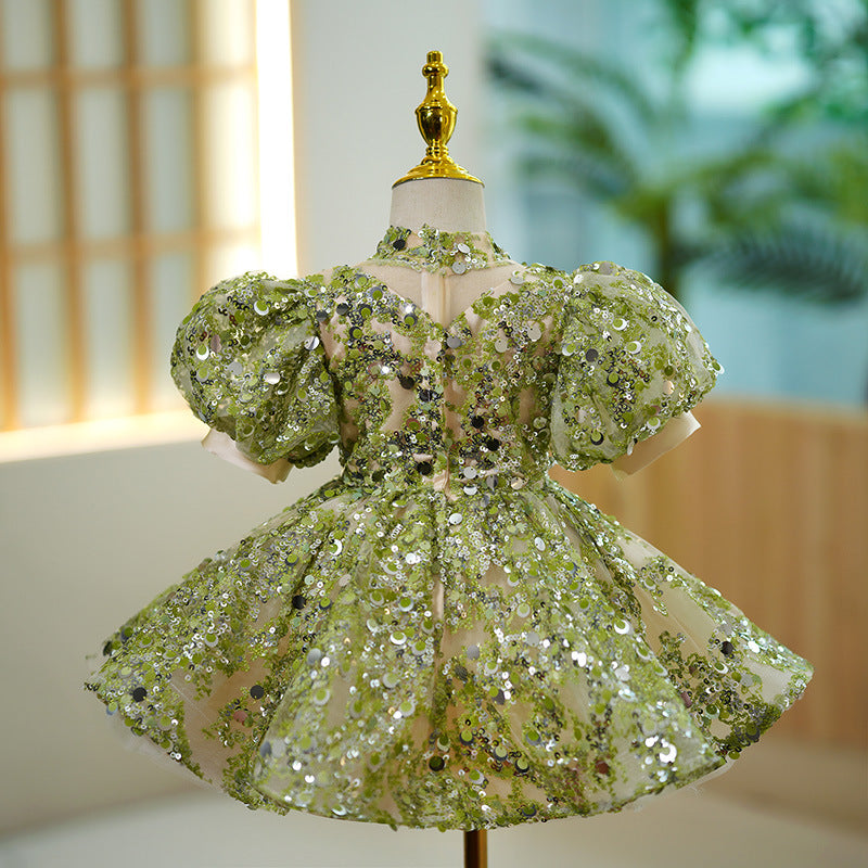Sage Green Sequin Flower Girl Dress with Puff Sleeves - Elegant Princess Gown for Weddings, Parties & Special Occasions