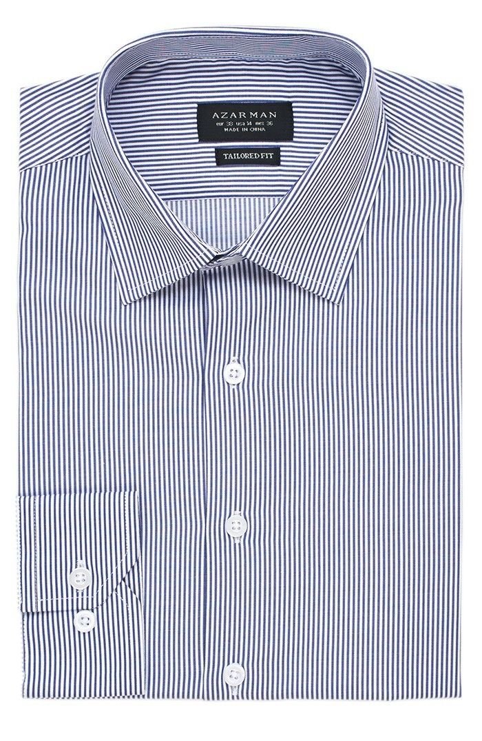 AZAR MAN Men's Slim Fit Dress Shirt - Blue Stripe Wrinkle-Free Cotton Formal Shirt for Office, Business Meetings & Special Occasions