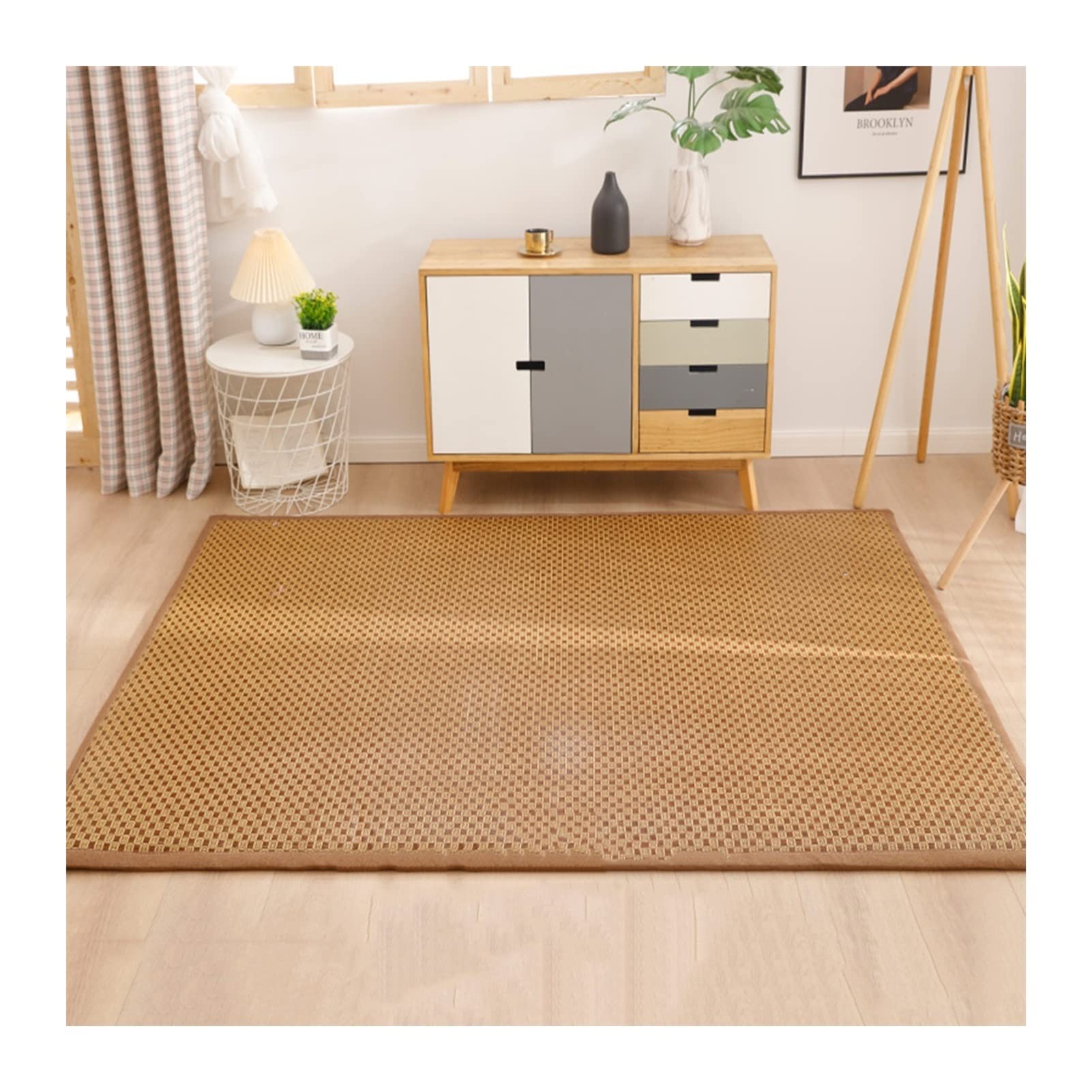 KKCF Natural Fiber Carpet - Double-Sided Rattan Woven Floor Mat | 2cm Thick Japanese Style Summer Rug | Non-Slip Kids Play Mat for Crawling & Living Room (150x180cm, Brown) - Easy Storage & Foldable Design