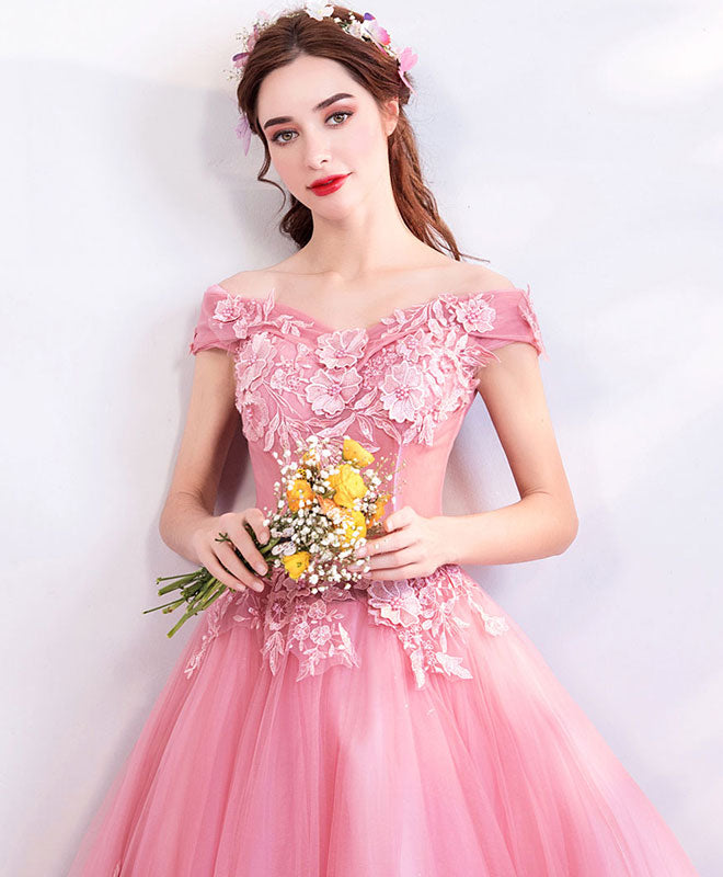 Elegant Pink Tulle Off-Shoulder Lace Long Prom Dress - Formal Evening Gown for Homecoming, Quinceañera & Special Occasions