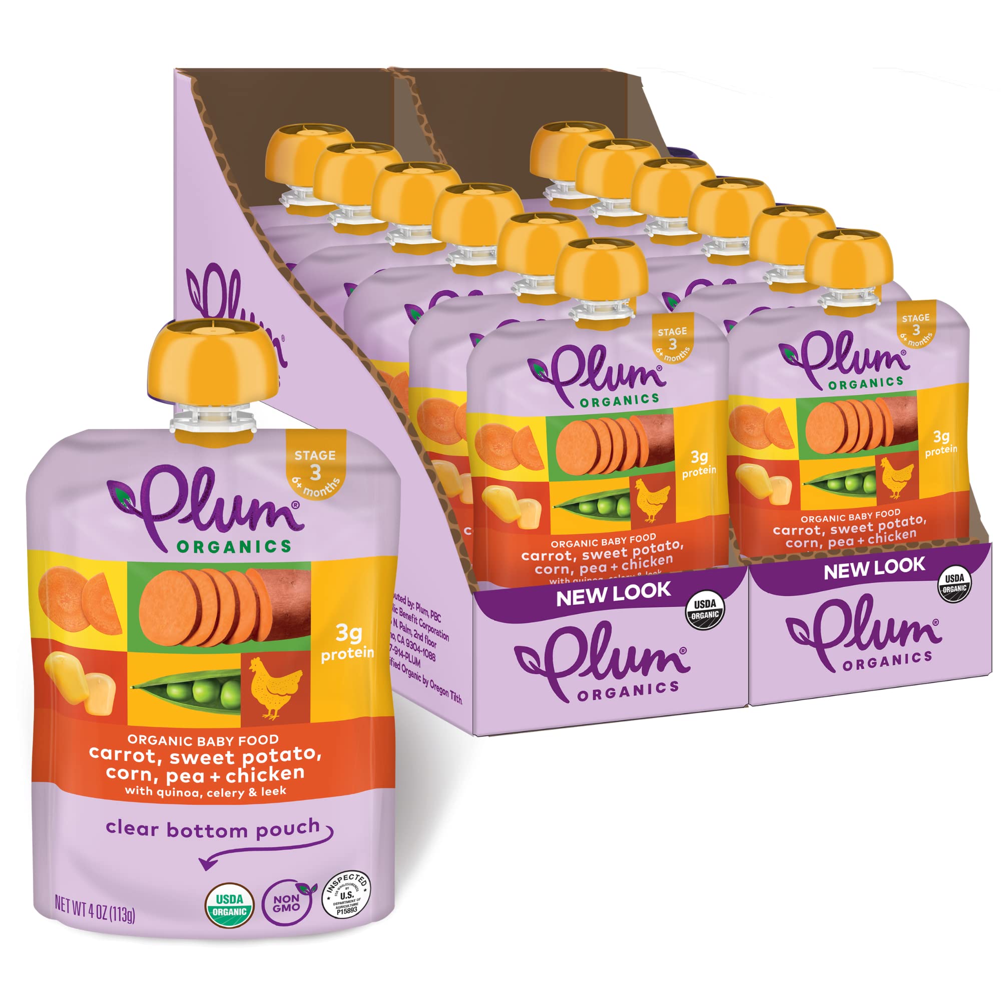 Organic Stage 3 Baby Food Pouch - Carrot, Sweet Potato, Corn, Pea & Chicken Blend - 4oz (Pack of 12) | USDA Certified | Healthy Toddler Snacks for On-the-Go, Daycare & Travel