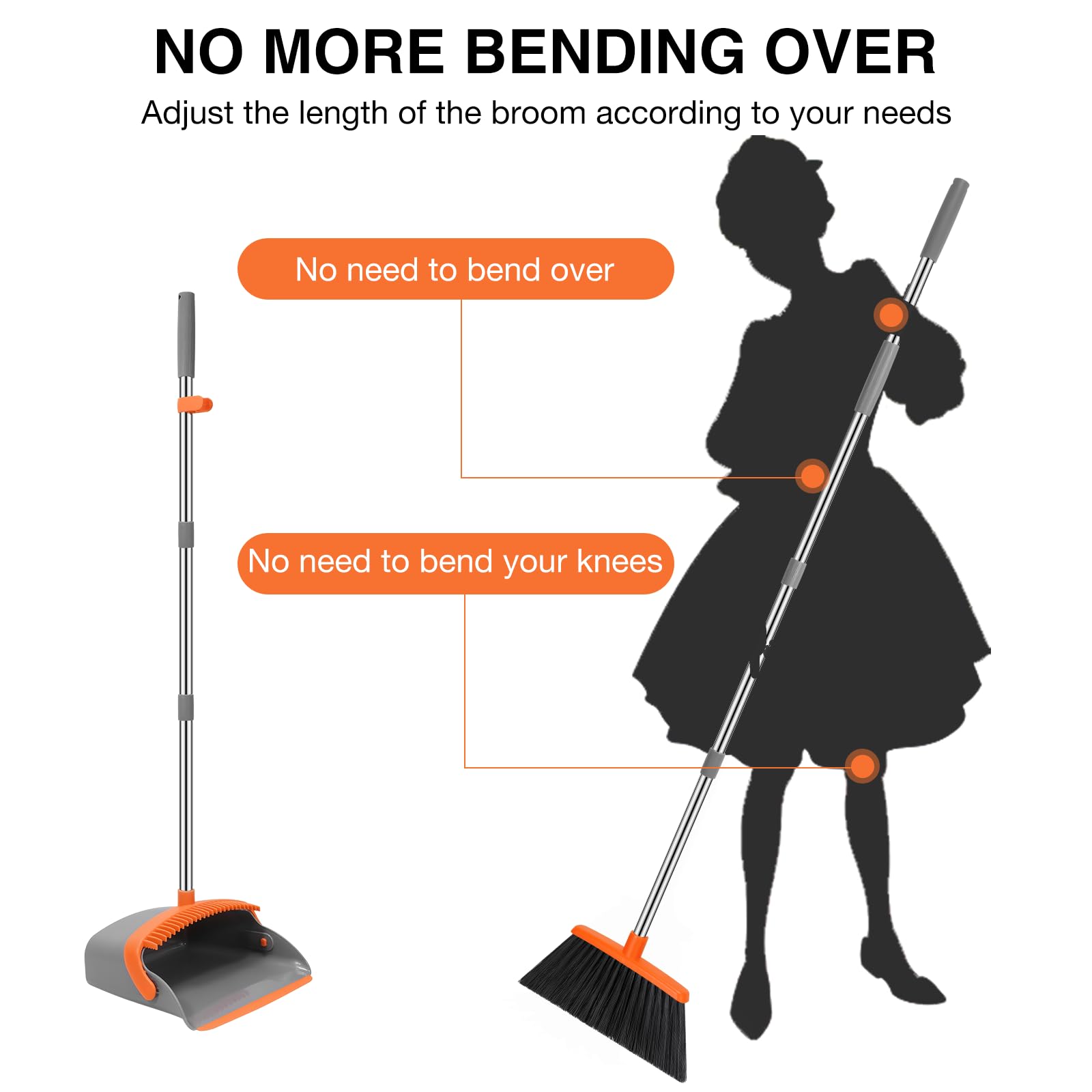 52-in Long Adjustable Handle Broom and Dustpan Set with Teeth for Hair Cleaning - Gray & Orange | Ideal for Home, Kitchen, Office & Hallway Floors