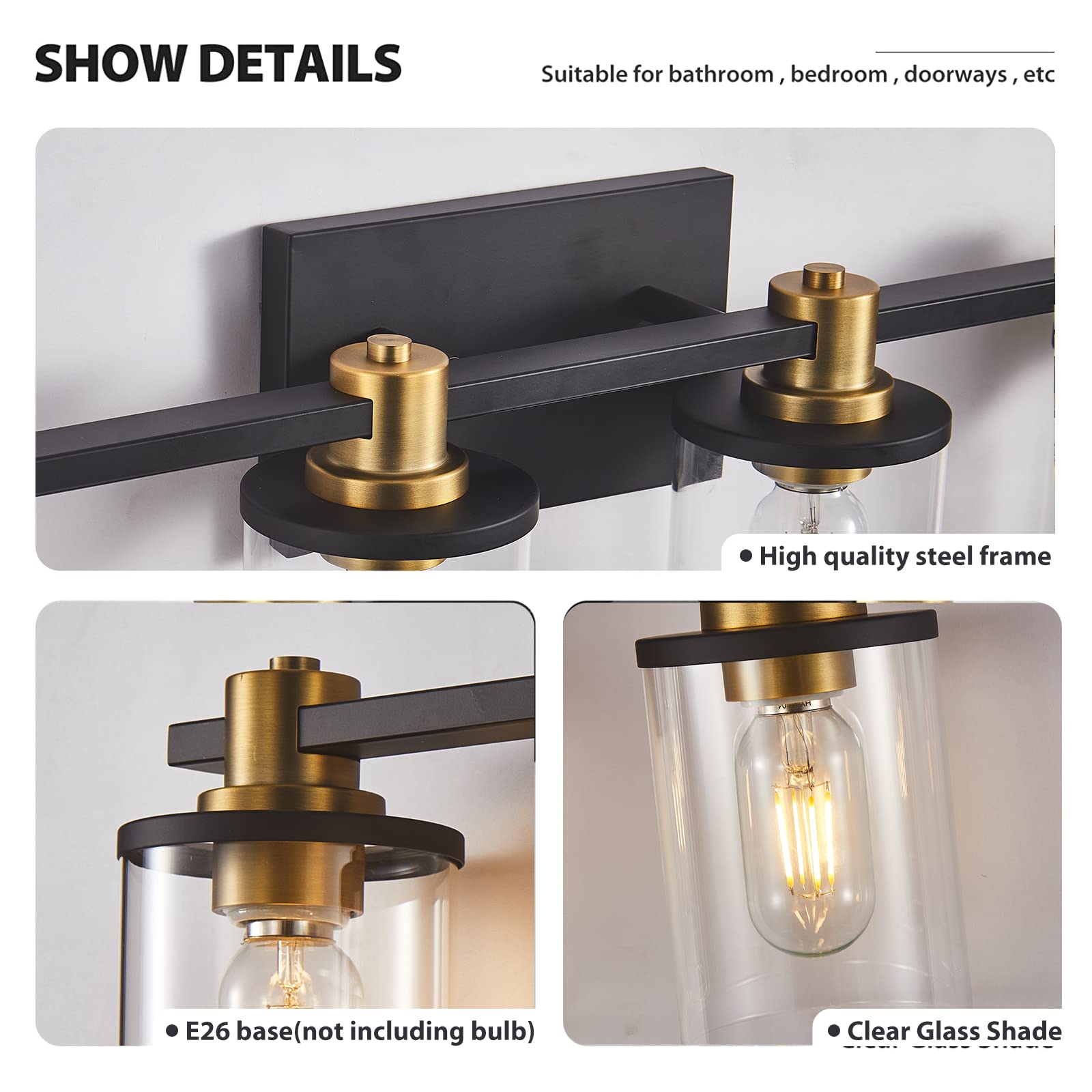 4-Light Black and Gold Bathroom Vanity Light Fixture with Clear Glass Shade - Modern Matte Black & Brushed Gold Copper Accent Lighting for Bathroom Mirror - Perfect for Powder Room, Master Bath, or Spa-Like Retreat