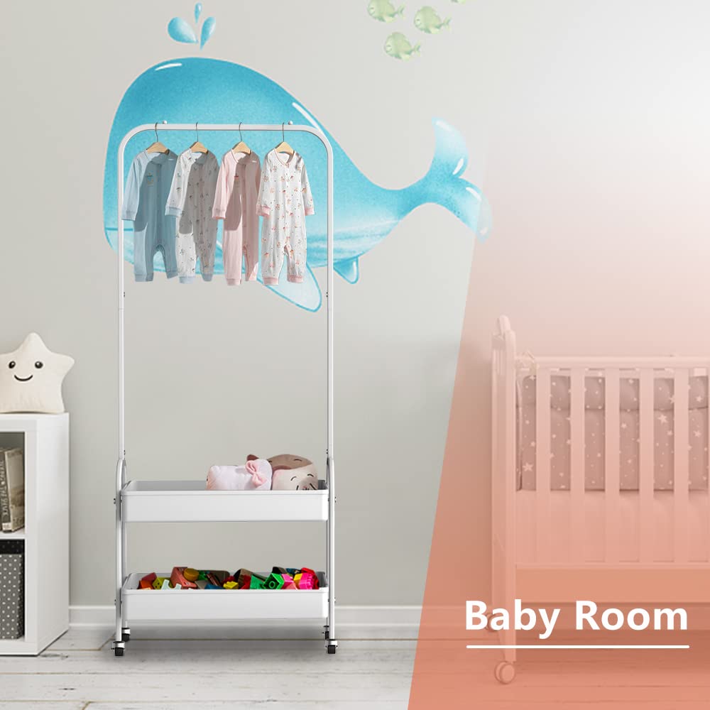 White Portable Clothing Rack - 2-in-1 Rolling Garment Organizer with Metal Baskets & Hanging Rack | Mobile Laundry Cart & Small Wardrobe on Wheels for Bedroom, Closet & Dorm Organization | Space-Saving Storage Solution for Clothes, Shoes & Accessories