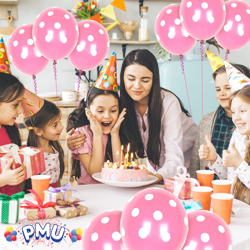 Premium 11 Inch Pink Polka Dot Balloons with White Dots - Pack of 50 for Birthday Parties, Baby Showers & Wedding Decorations | PMU PartyTex All-Over Print Balloons