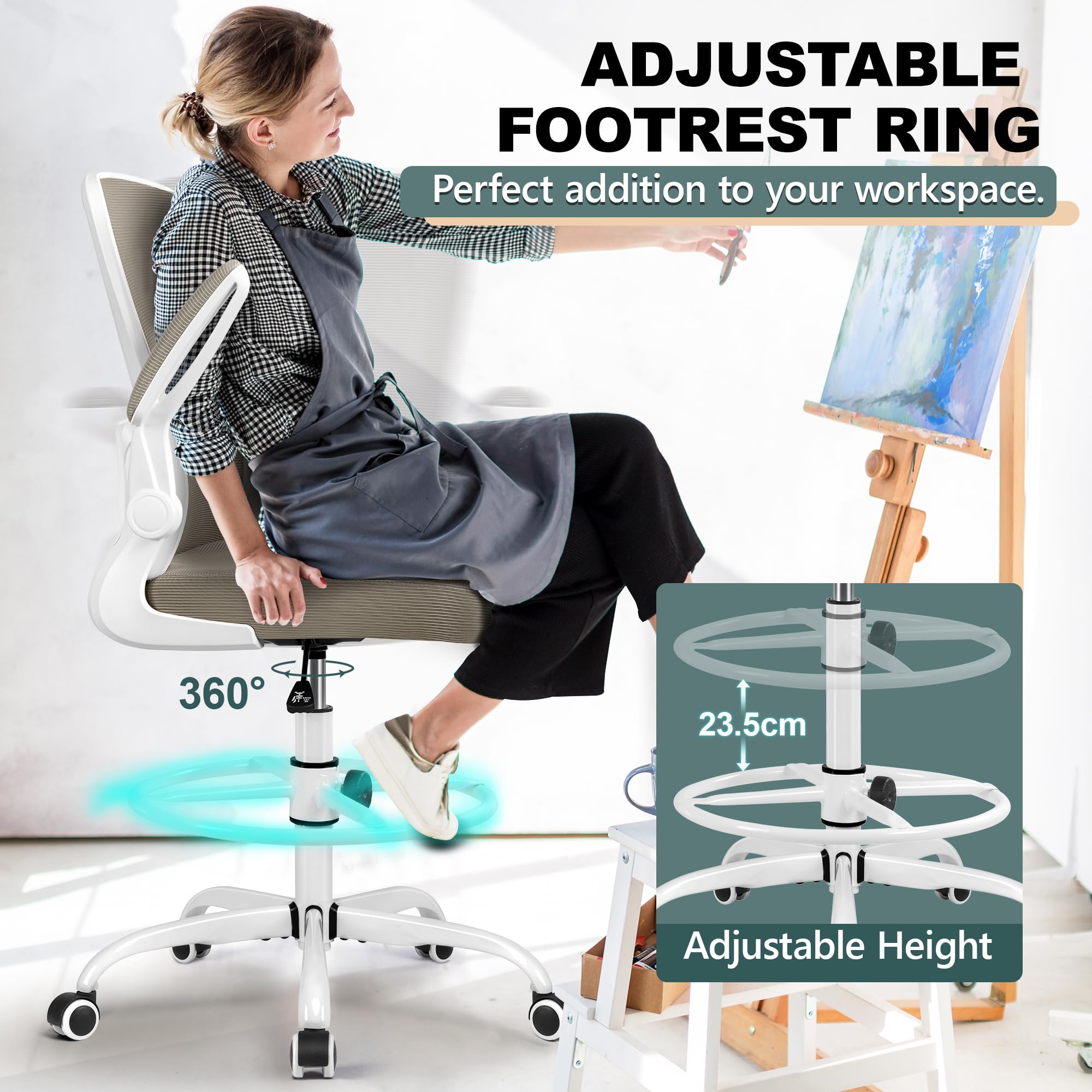 FelixKing Ergonomic Drafting Chair - Adjustable Height Office Chair with Breathable Mesh Back, Footrest, Lumbar Support & Flip-up Armrests | High Back Executive Computer Chair for Home Office, Studio & Architects - Perfect for Long Work Sessions & Creative Workspaces