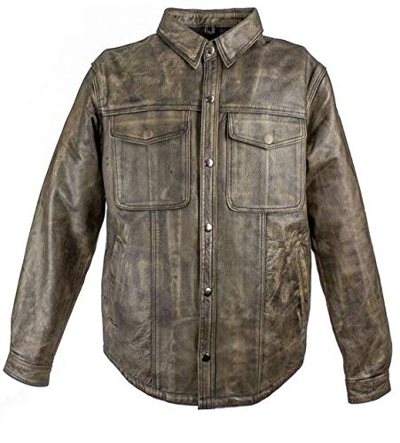 Men's Distressed Brown Genuine Leather Motorcycle Shirt with Concealed Carry Pockets - Biker Jacket for Riding, Outdoor Adventures & Casual Wear