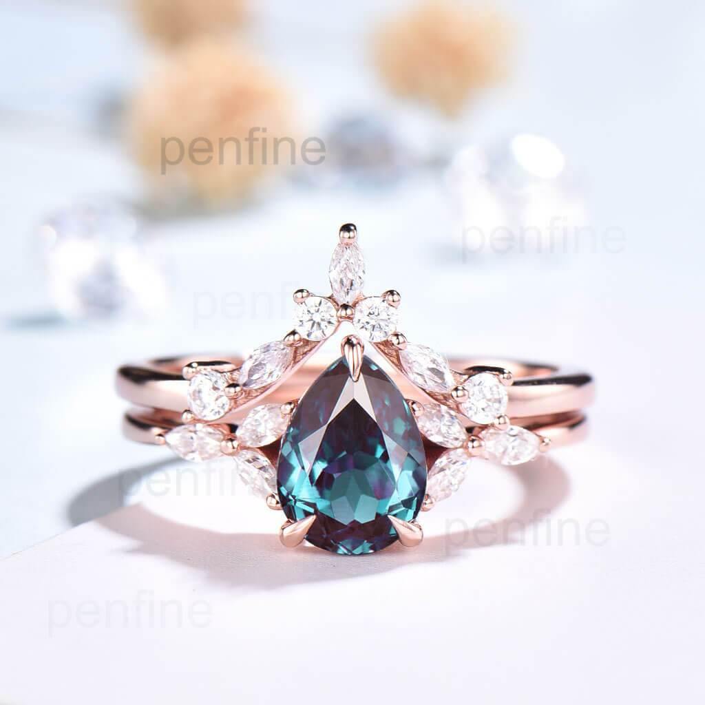 Art Deco Alexandrite Engagement Ring Set with Curved Marquise Moissanite Band - Vintage Inspired Wedding Jewelry for Brides & Anniversary Gifts