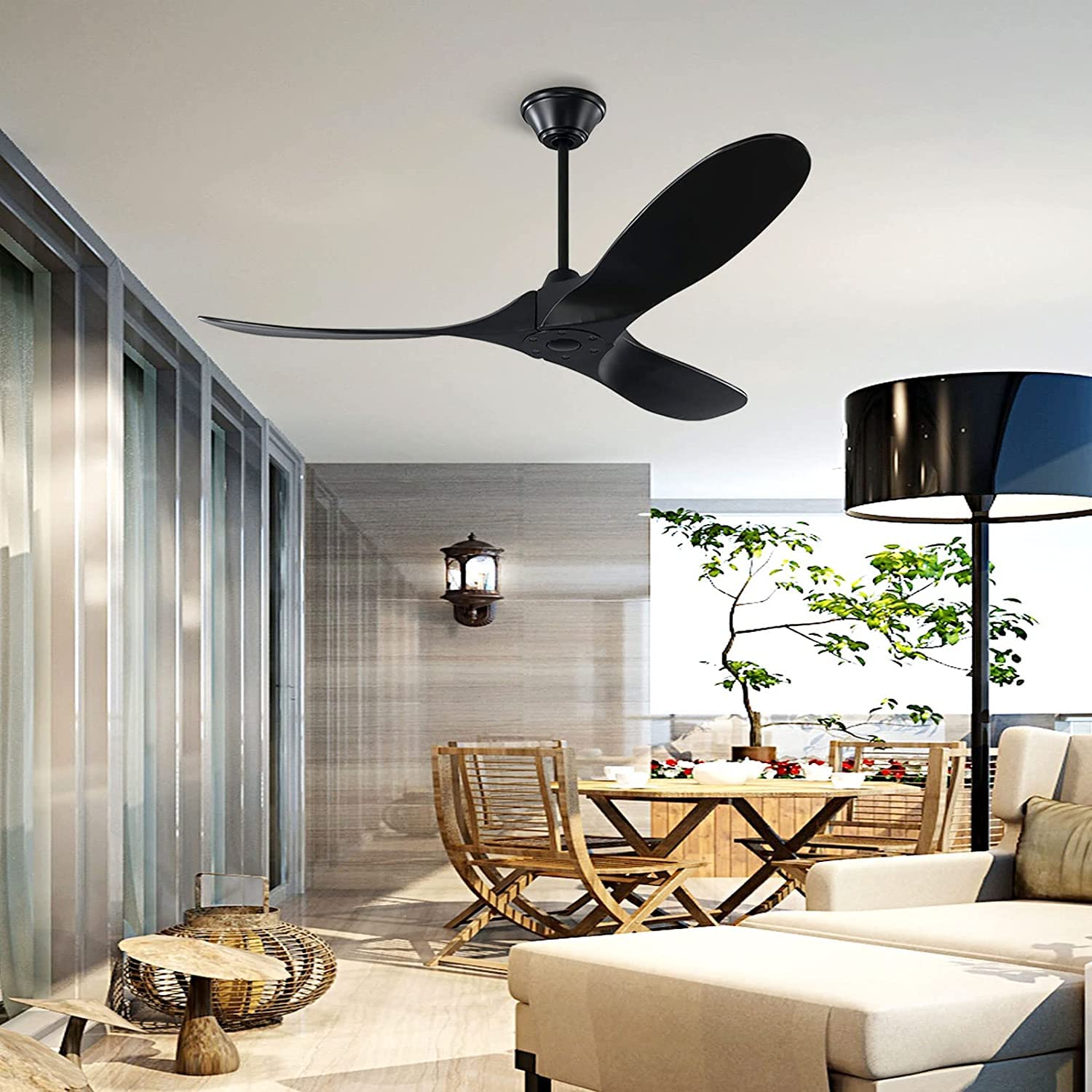 60 Inch Black Ceiling Fan No Light - High Airflow Outdoor Ceiling Fan with Remote Control - Modern 3-Blade Wood Ceiling Fan for Patio, Gazebo, Indoor & Sloped Ceiling Use - Perfect for Living Room, Bedroom, Porch & Covered Outdoor Spaces