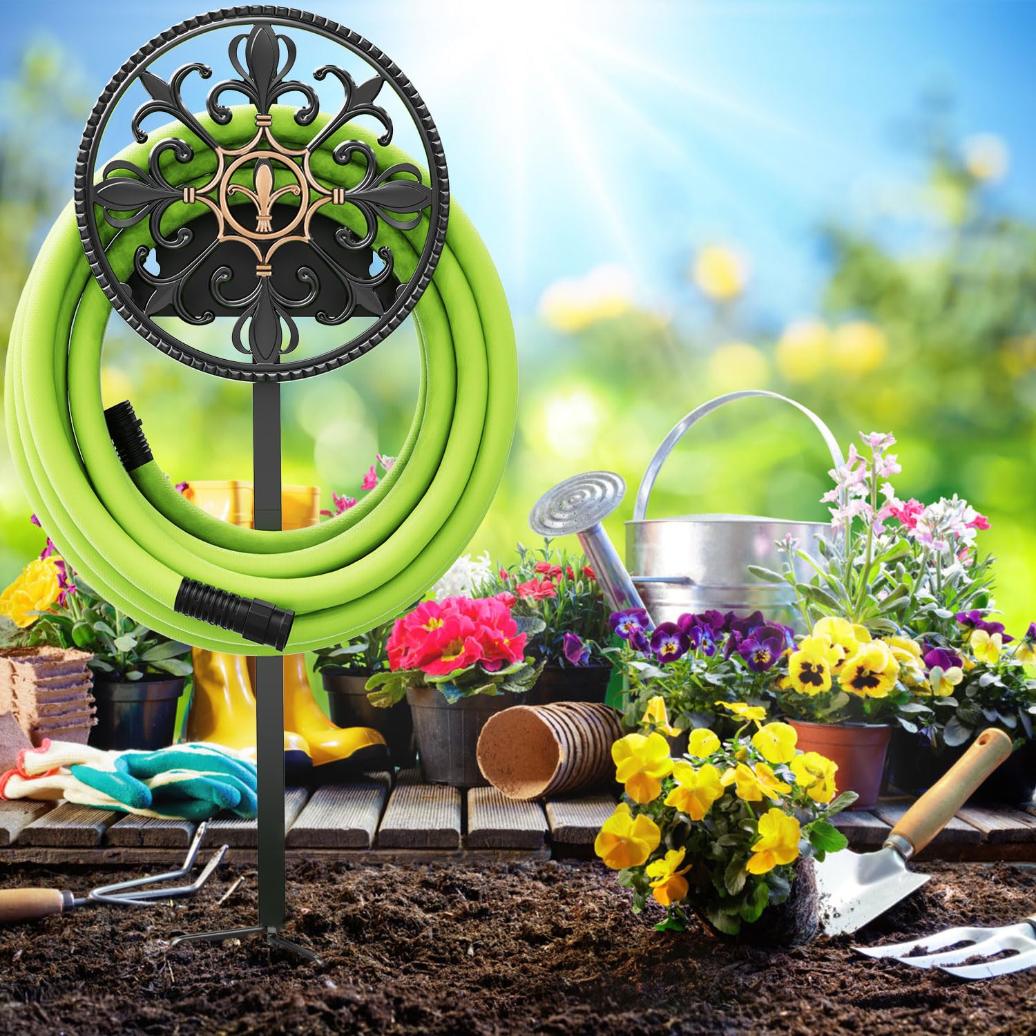 GOFORWILD Decorative Garden Hose Holder - Sturdy Wall Mount Hose Rack for 125-Feet 5/8-Inch Water Hose - Durable Cast Aluminum Hose Reel & Hanger - Perfect for Yard, Lawn, and Outdoor Watering