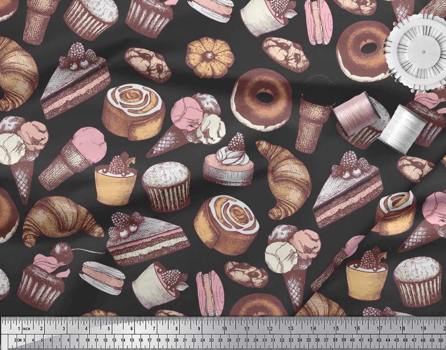Soimoi Black Silk Fabric by The Yard - 42 Inch Wide - Cupcake, Donut & Cookies Food Print Design - Whimsical Printed Fabric for Sewing, DIY Crafts, Quilting, and Home Decor Projects