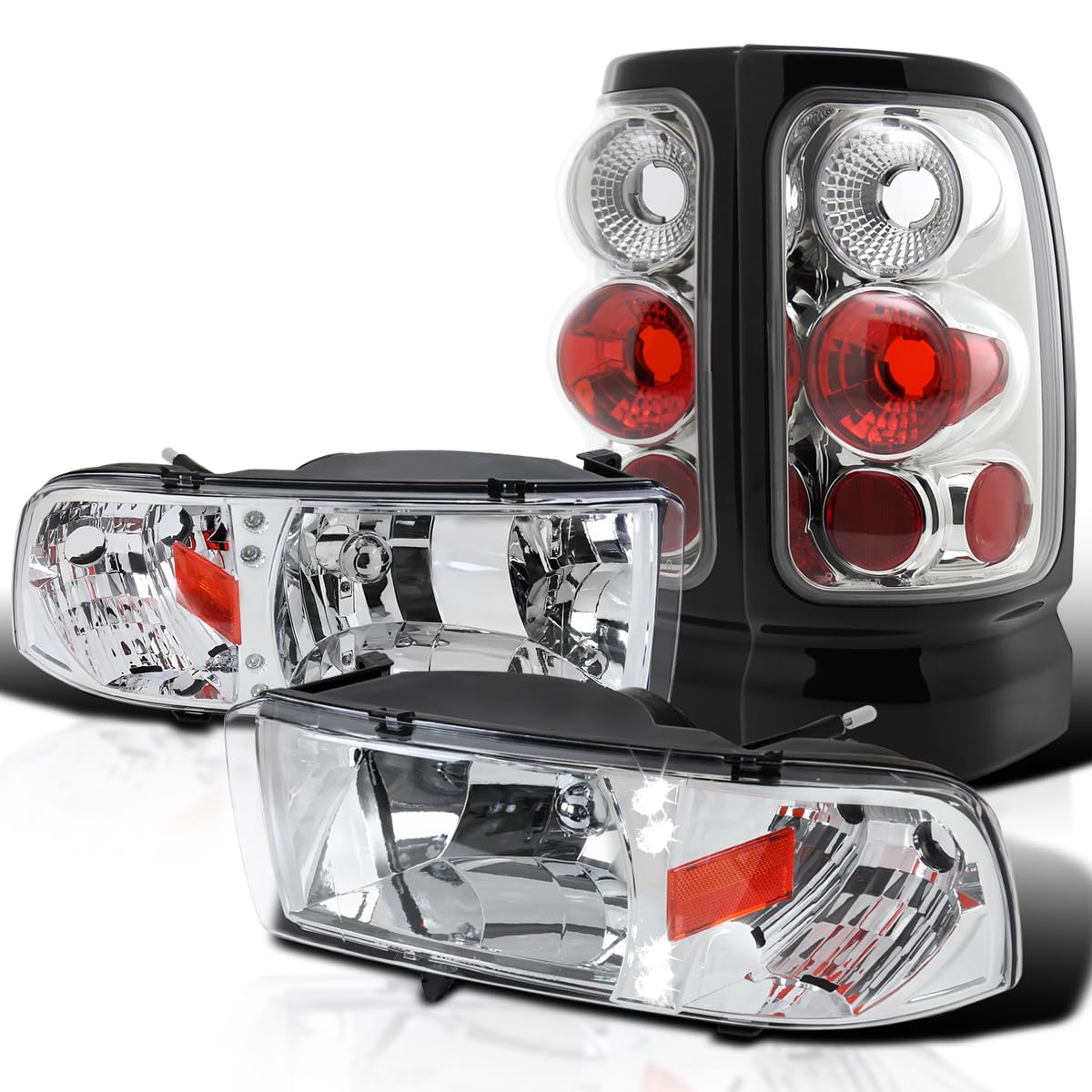 Spec-D Tuning LED Headlights & Chrome/Clear Tail Brake Lamps for 1994-2001 Dodge Ram 1500/2500/3500 - Left & Right Pair - Upgrade Your Truck Lighting for Night Driving & Enhanced Visibility