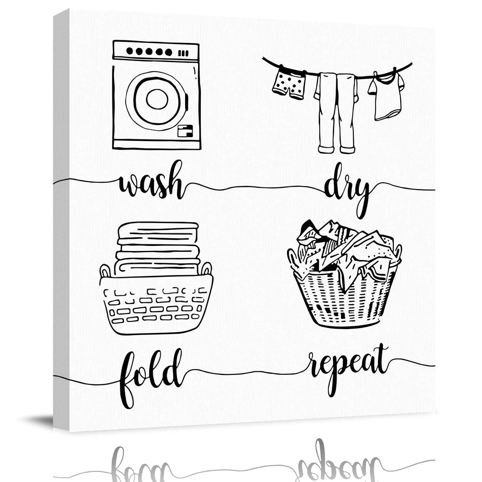 Wash Dry Fold Repeat Black Line Pattern Canvas Wall Art - 12x12in Aesthetic Poster for Bedroom, Living Room & Office Decor | Perfect for Laundry Room, Home & Workspace Wall Decoration