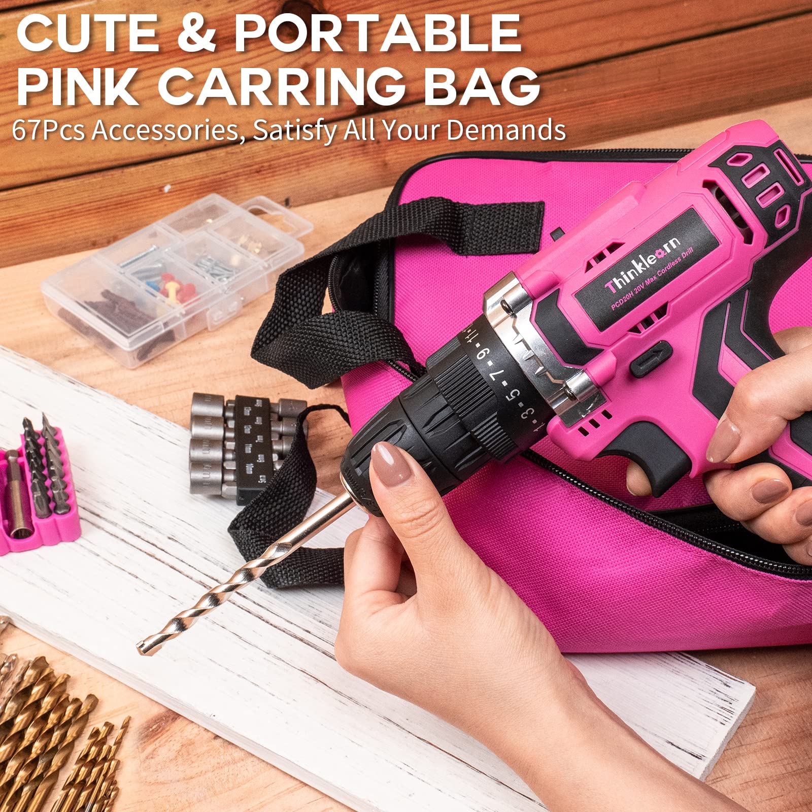 20V Pink Cordless Drill Set for Women - 67Pcs Driver Bits, 3/8