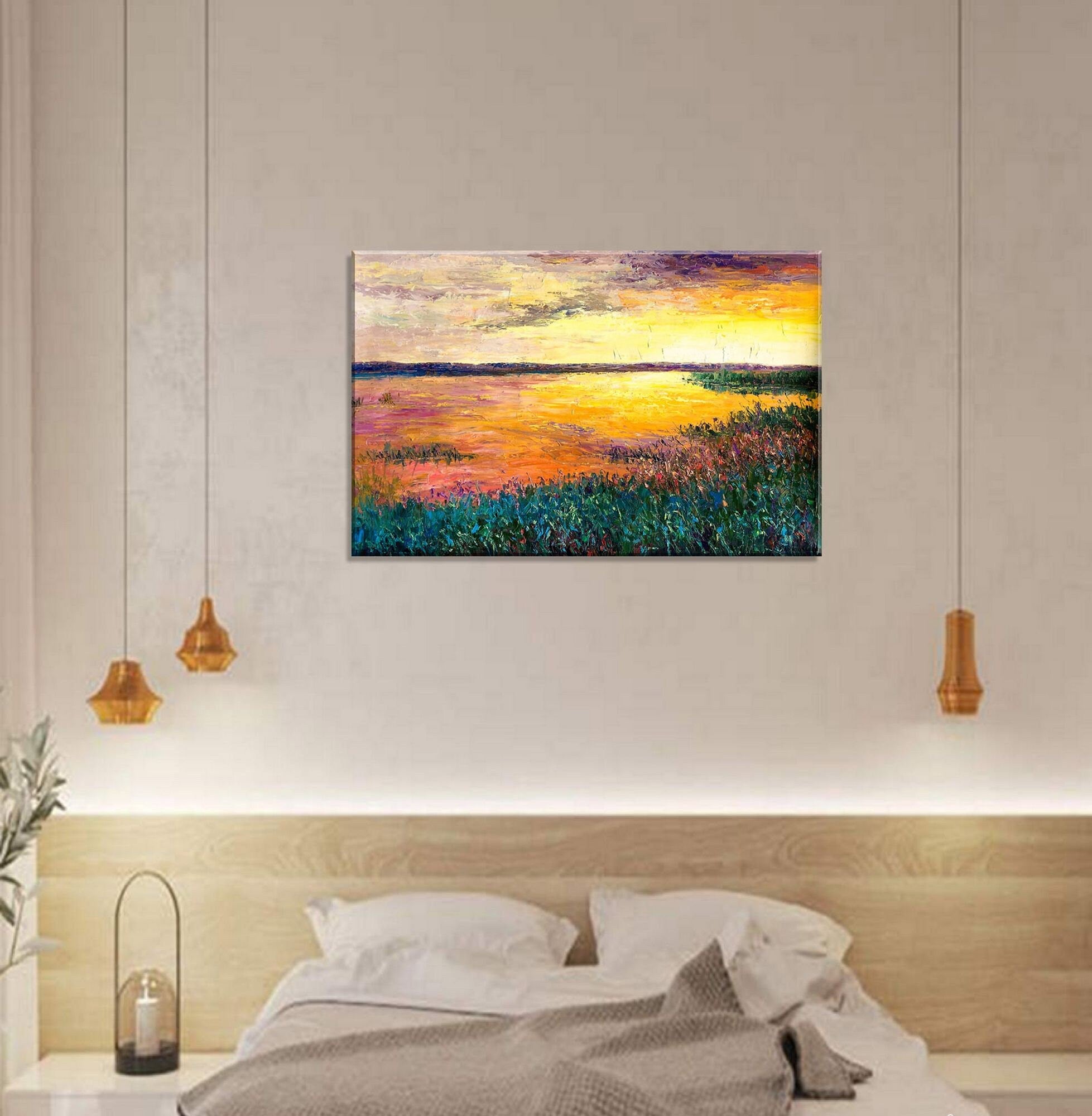Handmade Extra Large Oil Painting - Riverside Sunset Abstract Landscape Wall Art for Living Room, Bedroom & Office Decor