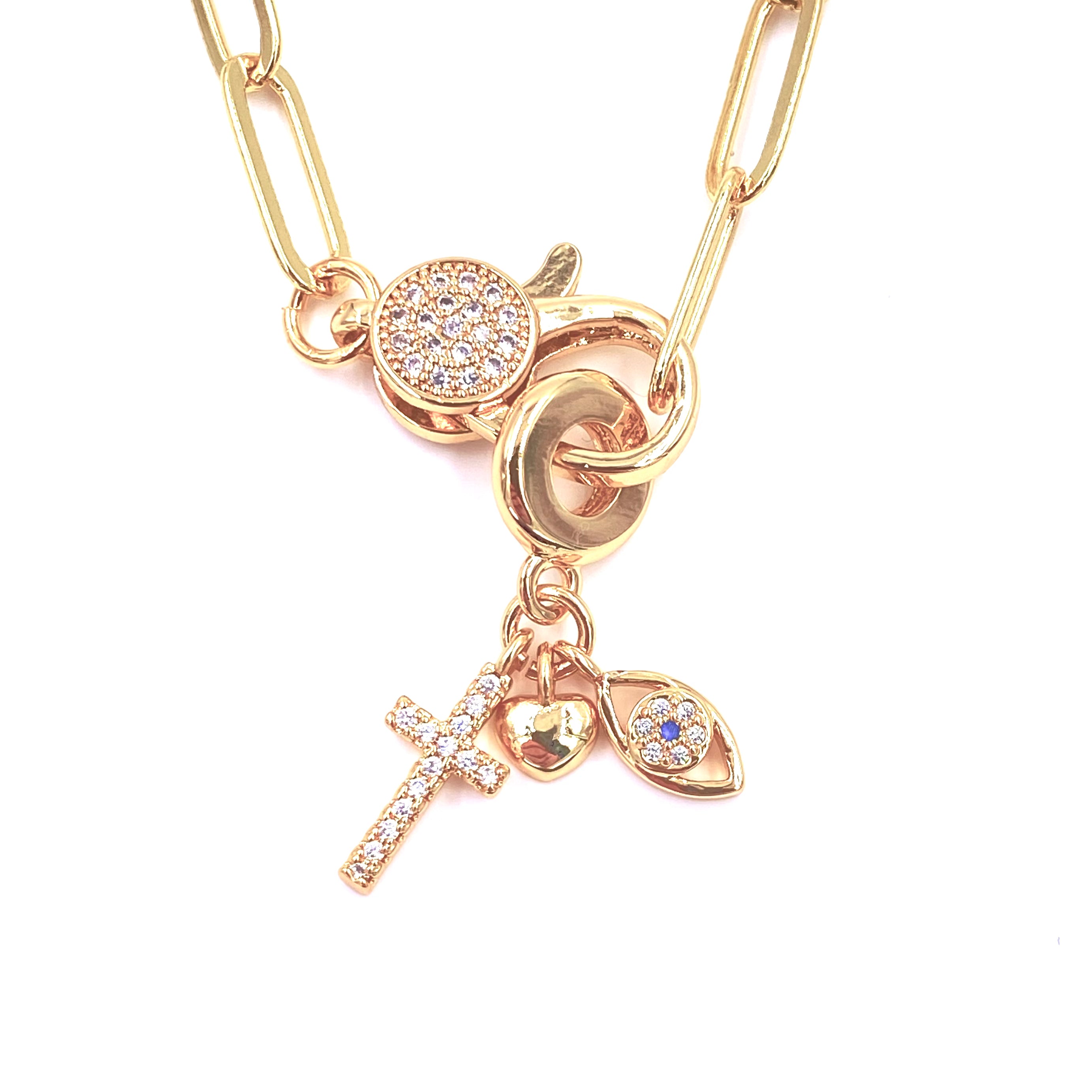Ashley Gold Stainless Steel Gold Plated CZ Lobster Clasp Detachable 3 Charm Necklace for Women - Elegant Layering Jewelry for Party, Wedding & Everyday Wear