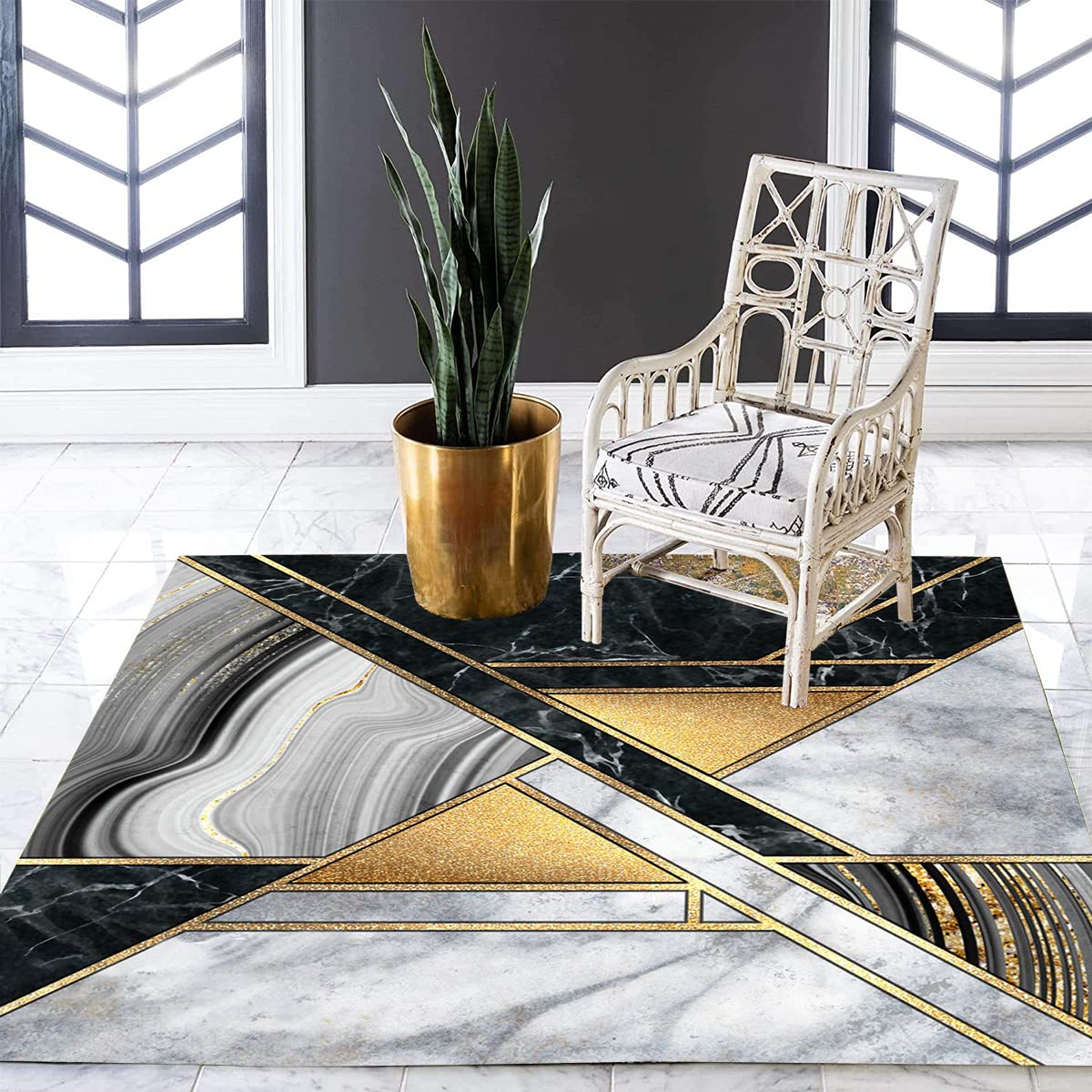 5x5 Geometric Pattern Square Area Rug - Black White Gold Marble Abstract Washable Shaggy Carpet for Living Room, Bedroom, Dining Table | Soft Indoor Floor Mat for Kitchen, Laundry, Guestroom & Home Decor