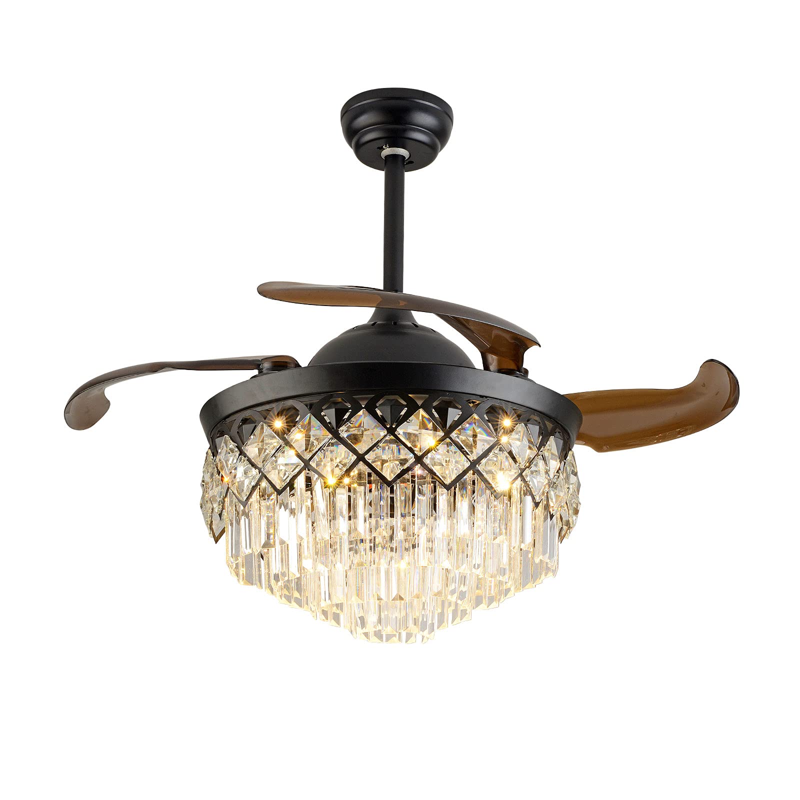 42 Inch Modern Crystal Ceiling Fan with LED Light & Remote Control - Retractable Invisible Blades - 48W Black Ceiling Fan for Kitchen, Island, Bedroom & Office - Perfect for Home Cooling and Stylish Lighting