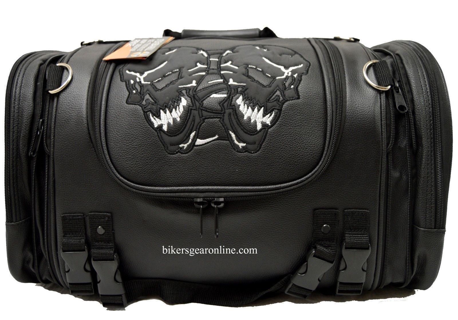 Durable PVC Skull Sissy Bar Travel Bag for Motorcycle & Motorbike - Black Luggage for Road Trips & Biker Adventures