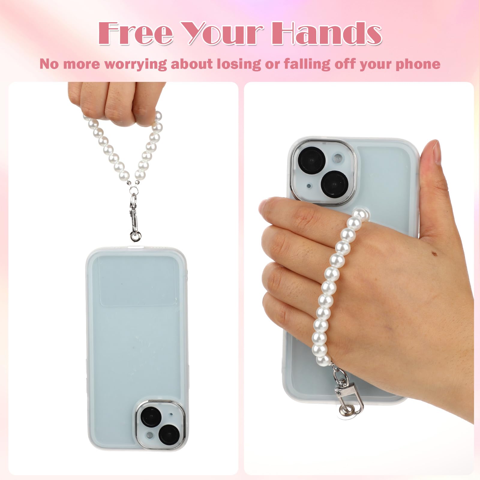 Pearl Phone Charm Strap - 2pcs Back Patch Included | Universal Phone Pendant Wrist Strap with Beads | Cute Camera Wrist Strap for Most Phone Cases | Perfect for Selfies, Vlogging & Everyday Use