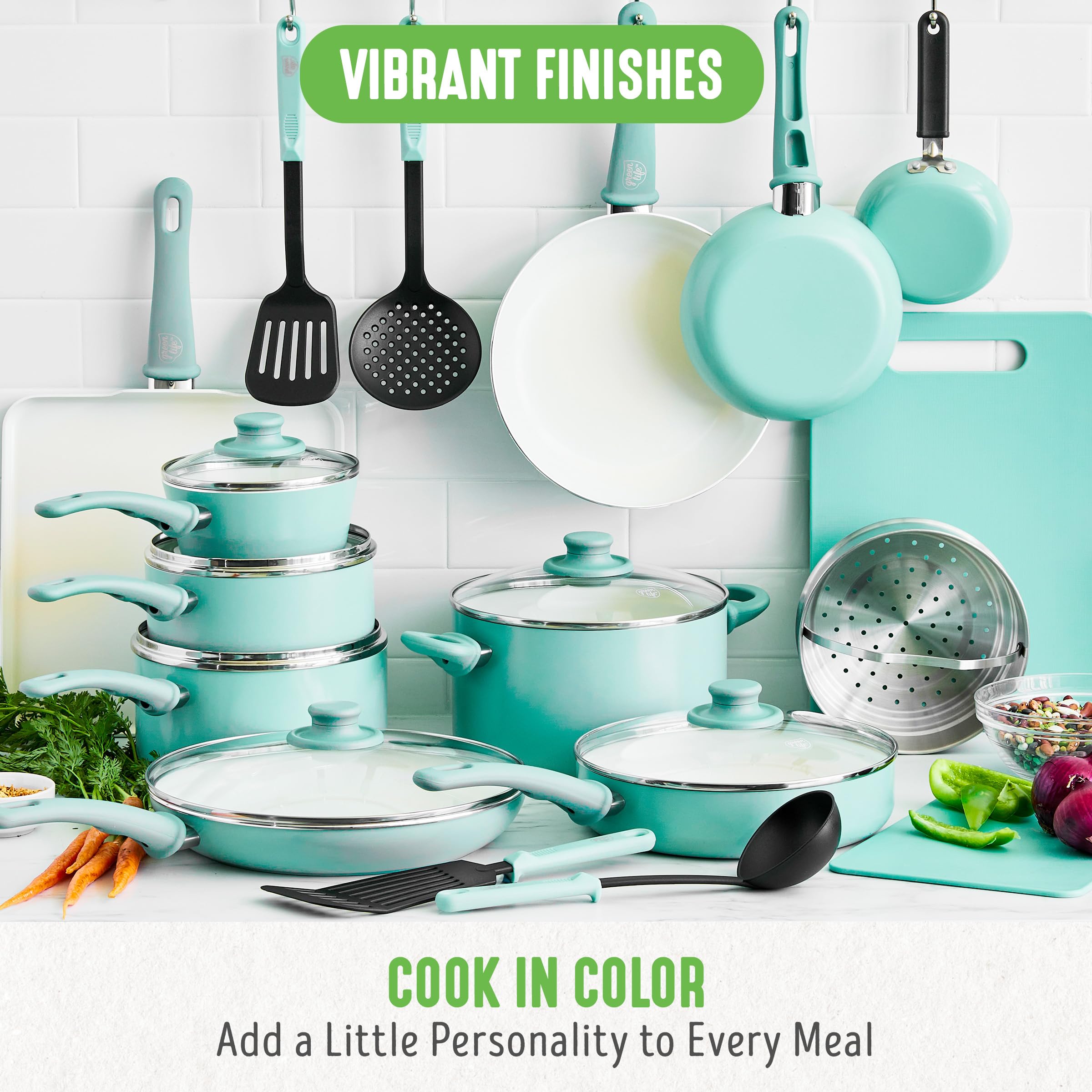 GreenLife Soft Grip 23-Piece Non-Toxic Ceramic Cookware Set - PFAS & PFOA Free Pots & Pans with Even Heat Distribution, Warp Resistant, Dishwasher & Oven Safe - Turquoise Kitchen Essentials for Healthy Cooking & Easy Cleanup | Perfect for Family Meals, Meal Prep & Everyday Cooking