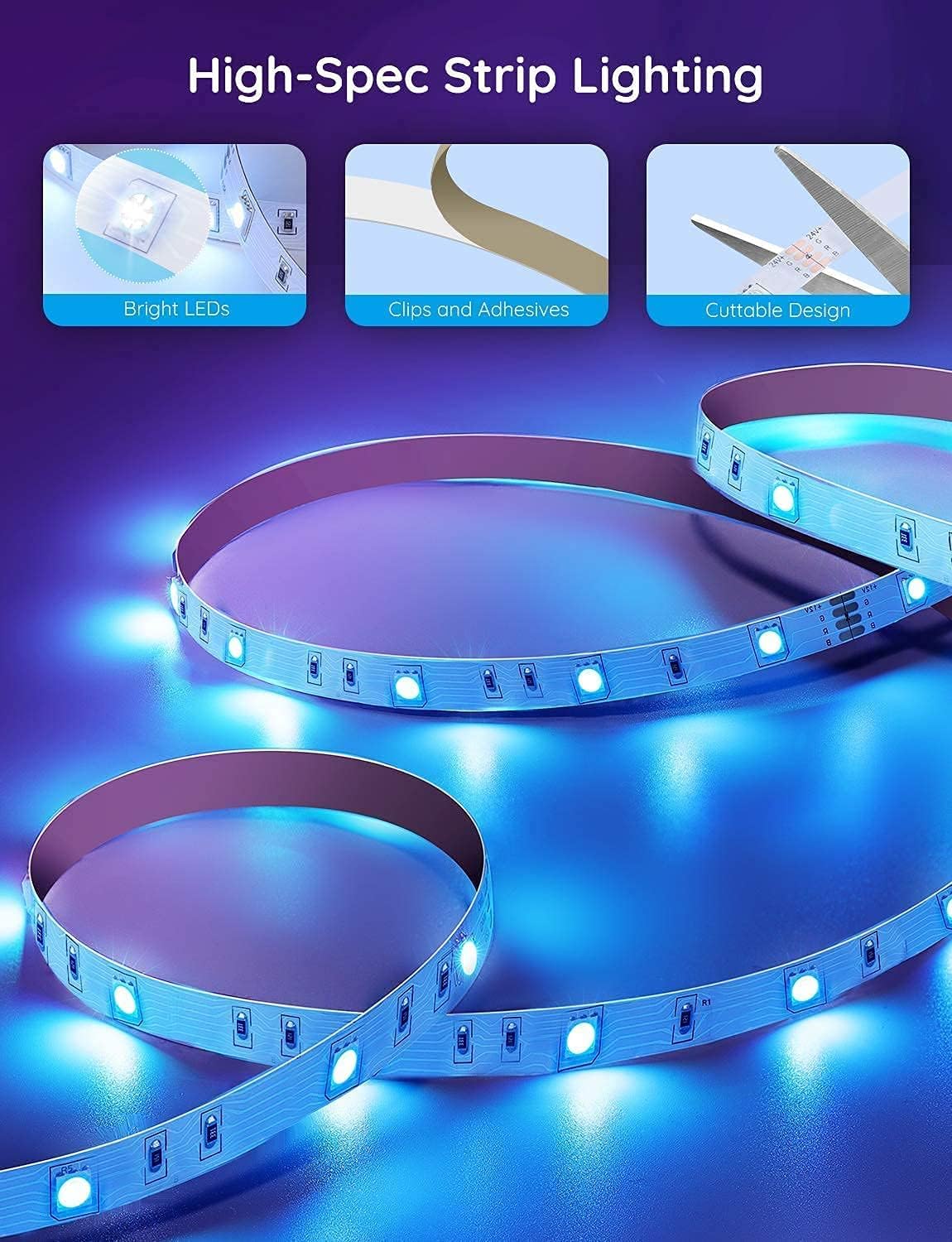 Govee 50ft Smart LED Strip Lights with Bluetooth & App Control - 64 Dynamic Scenes, Music Sync RGB Lights for Bedroom, Living Room, Kitchen, Party - ETL Certified Adapter | Perfect for Home Decor, Gaming Setup & Mood Lighting