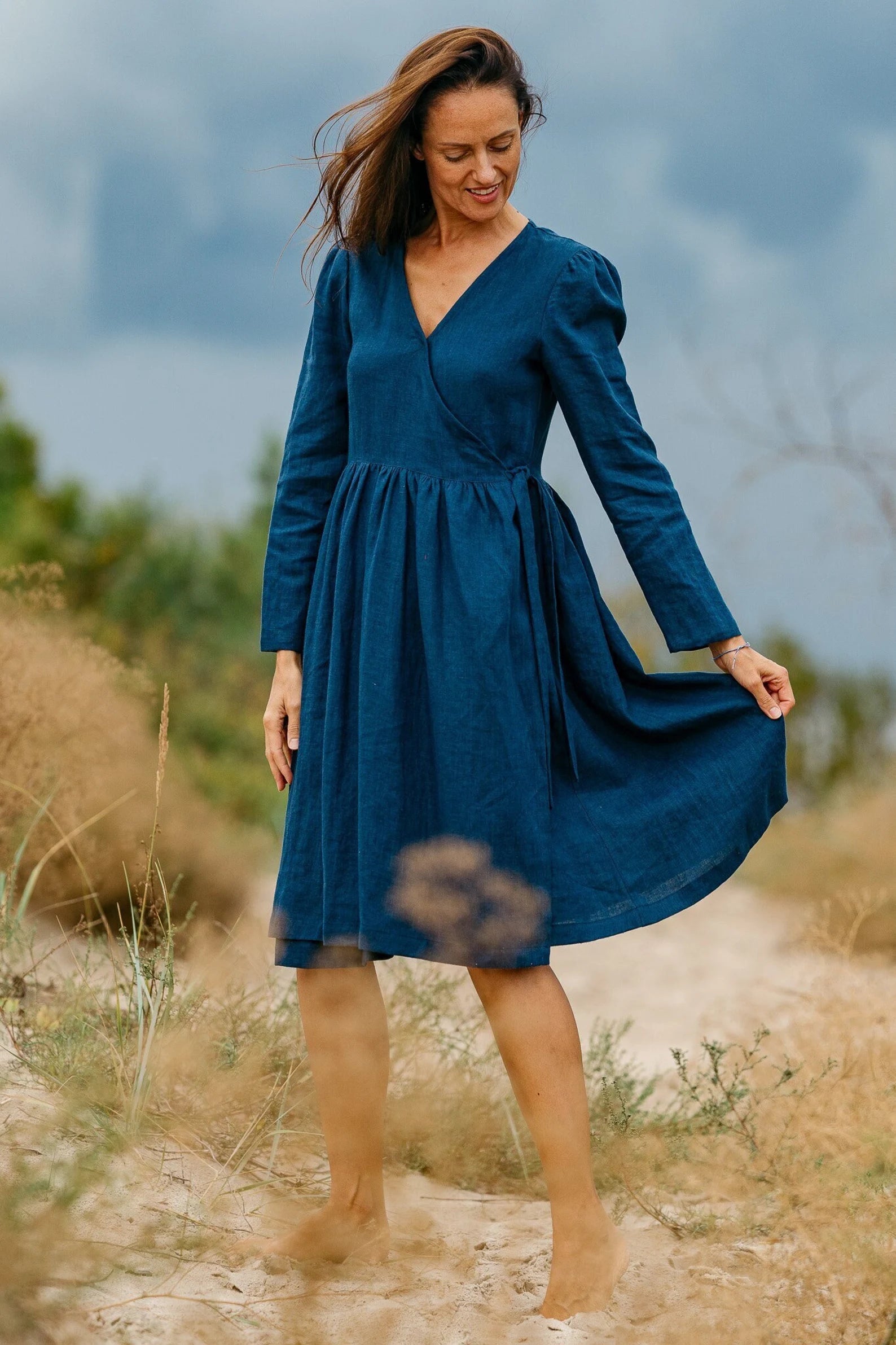 Wrap Linen V-Neck Dress - Venice Style Summer Beach Cover Up & Casual Day Outfit