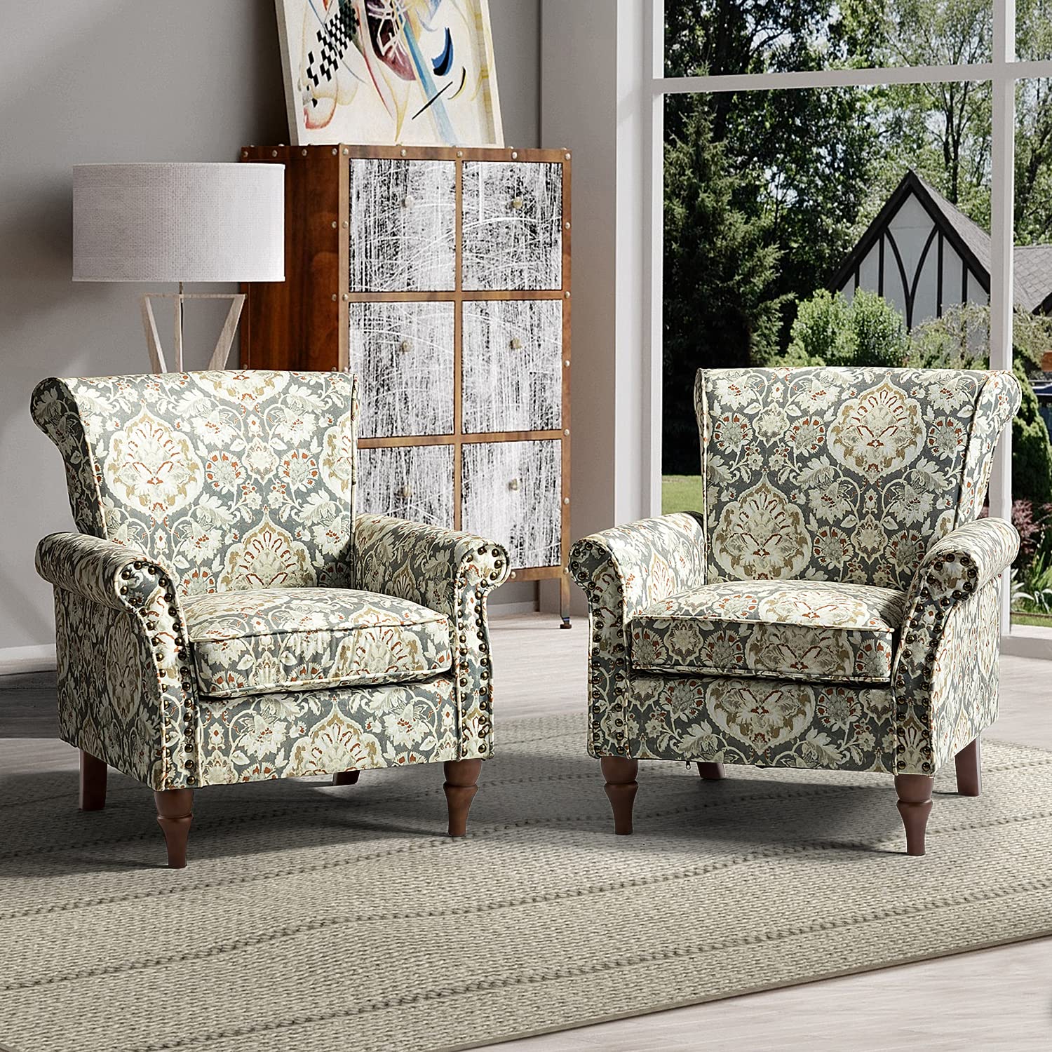 HULALA HOME Modern Wingback Accent Chairs Set of 2 with Wood Legs & Removable Cushion - Comfortable Upholstered Armchairs with Nailhead Trim, Floral Pattern Living Room Bedroom Sofa Chairs (Pine Wood) - Perfect for Cozy Reading Nook, Lounge Area or Guest Seating