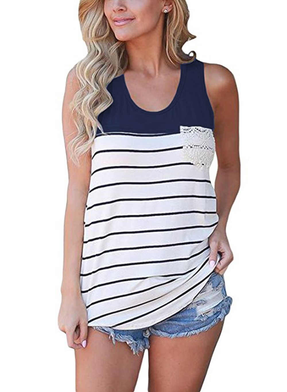 Hount Women's Colorblock Striped Racerback Tank Top - Casual Sleeveless Cami Tunic Blouse for Summer, Beach, and Yoga Outfits