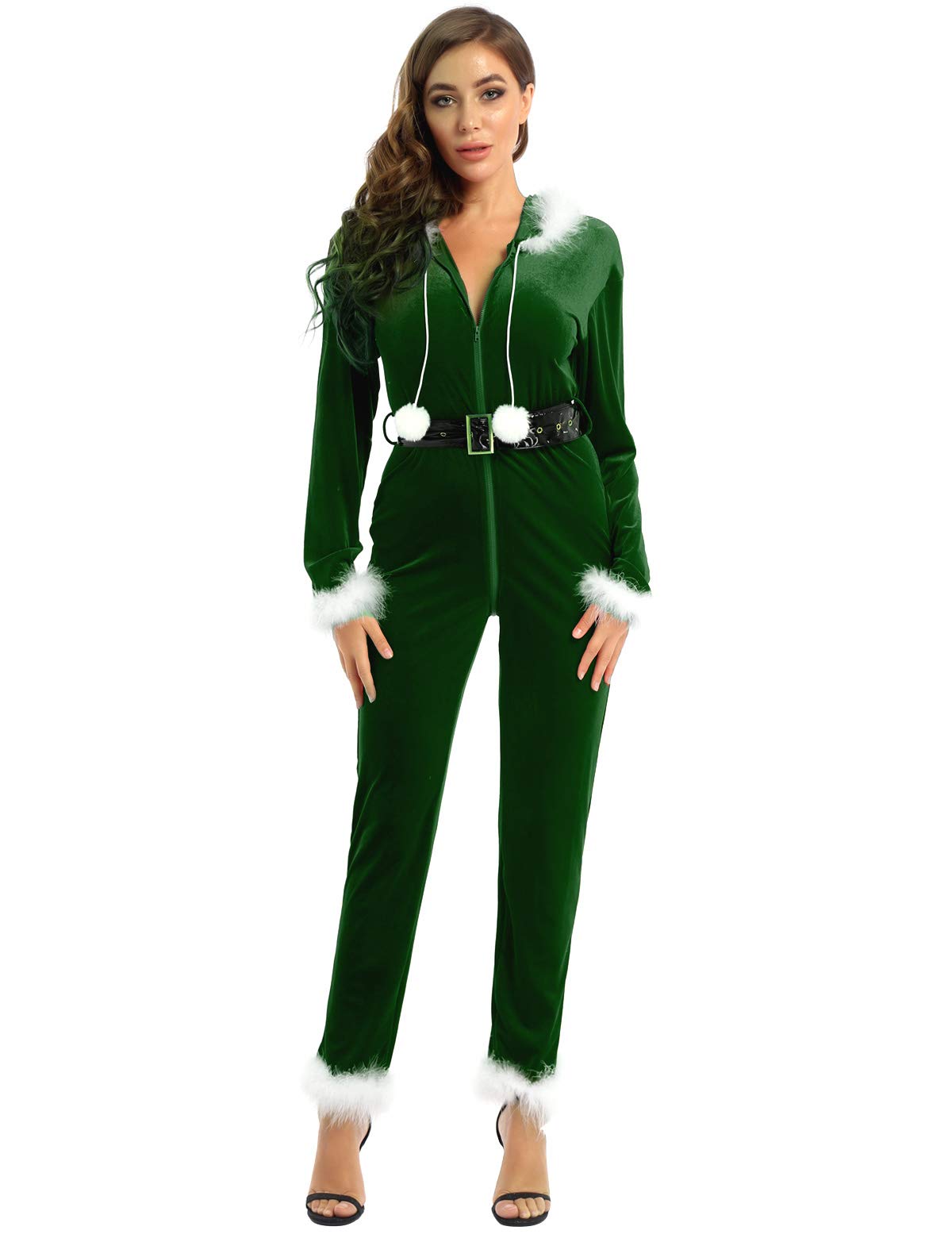 Women's Mrs. Claus Santa Costume Jumpsuit - Red Christmas One Piece Pajama Set with Hood | Perfect for Holiday Parties, Christmas Photos & Festive Family Gatherings