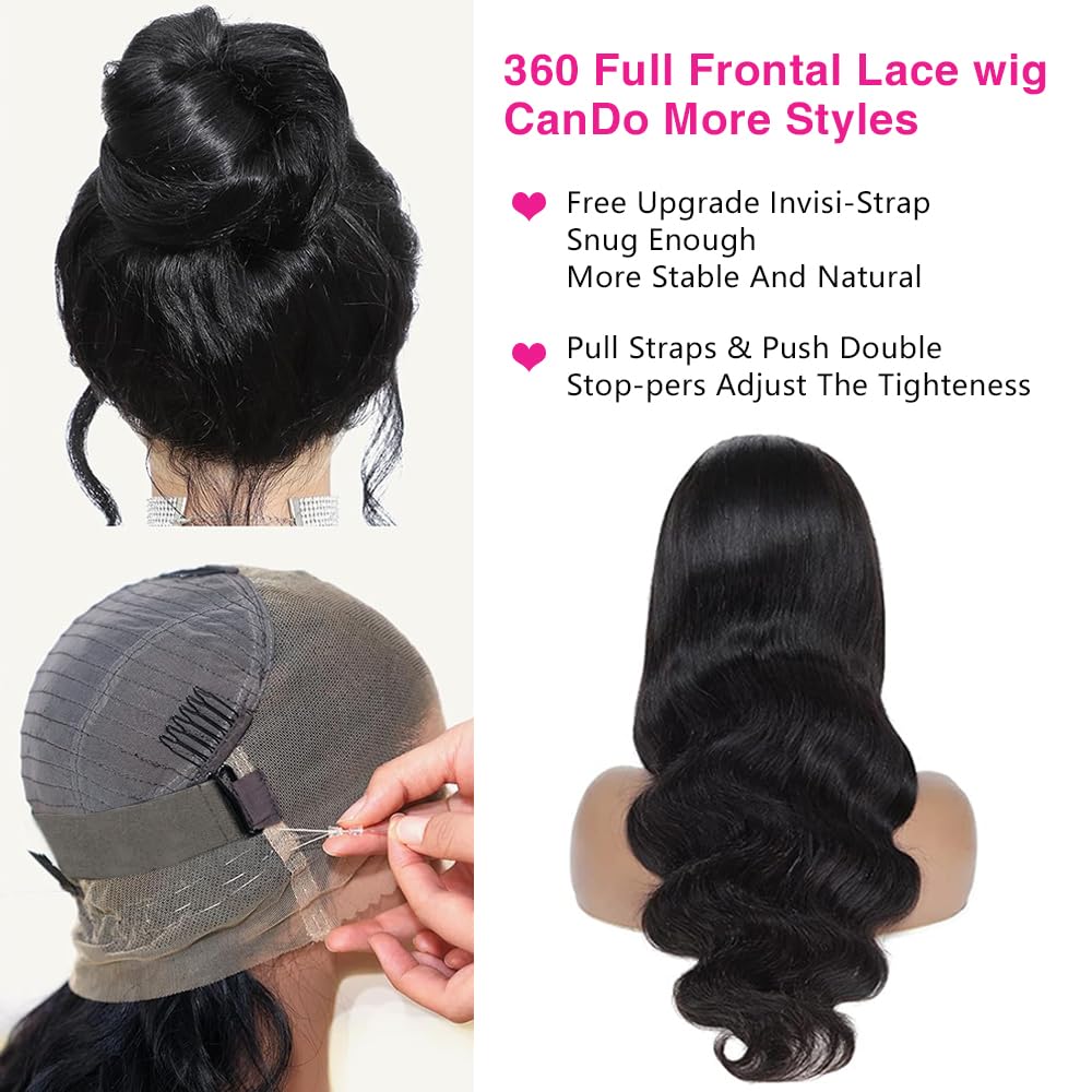 360 HD Full Lace Front Wig with Hidden Strap & Drawstring | 200% Density Body Wave Human Hair Wig for Women | Pre-Plucked with Baby Hair | 22 Inch | Perfect for Daily Wear, Cosplay & Special Occasions