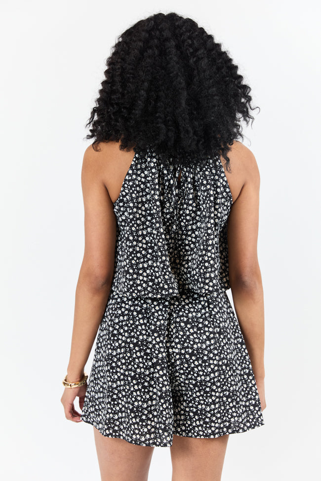 Black and White Daisy Print Halter Neck Romper for Women | Summer Casual Jumpsuit | Perfect for Beach Vacations, Music Festivals & Date Nights
