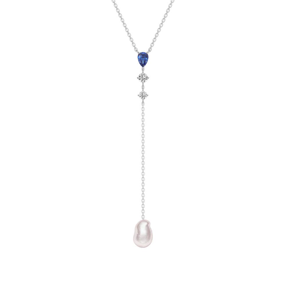 Elegant Baroque Pearl & Sapphire Modern Y Lariat Necklace – Perfect for Weddings, Parties & Special Occasions