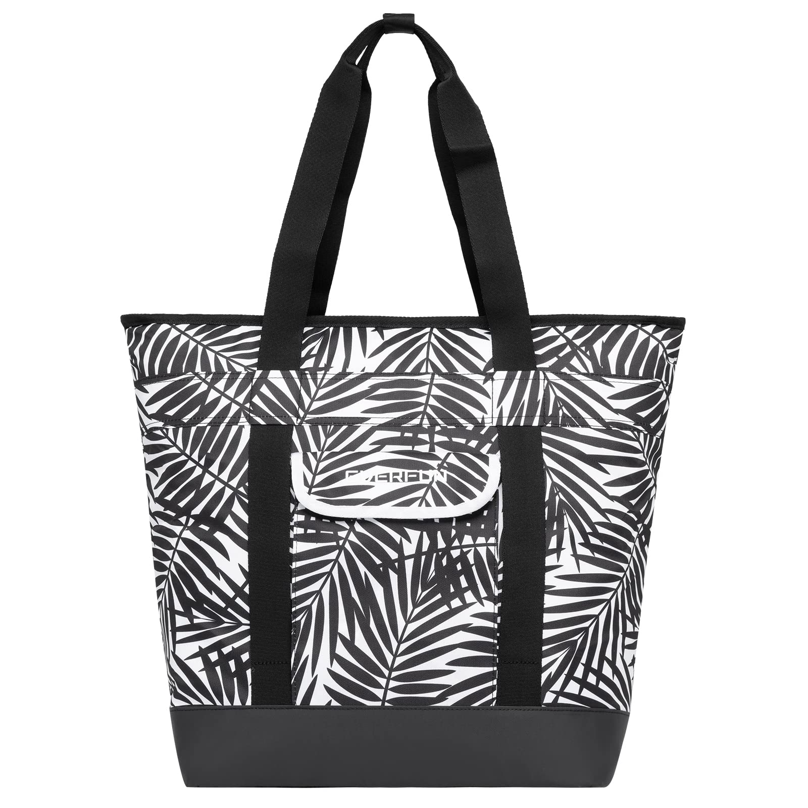 EVERFUN Insulated Cooler Tote Bag - Collapsible Soft Thermal Reusable Grocery Shopping Bag for Beach, Picnic, Camping & Outdoor Activities - Leakproof Black Leaves Design