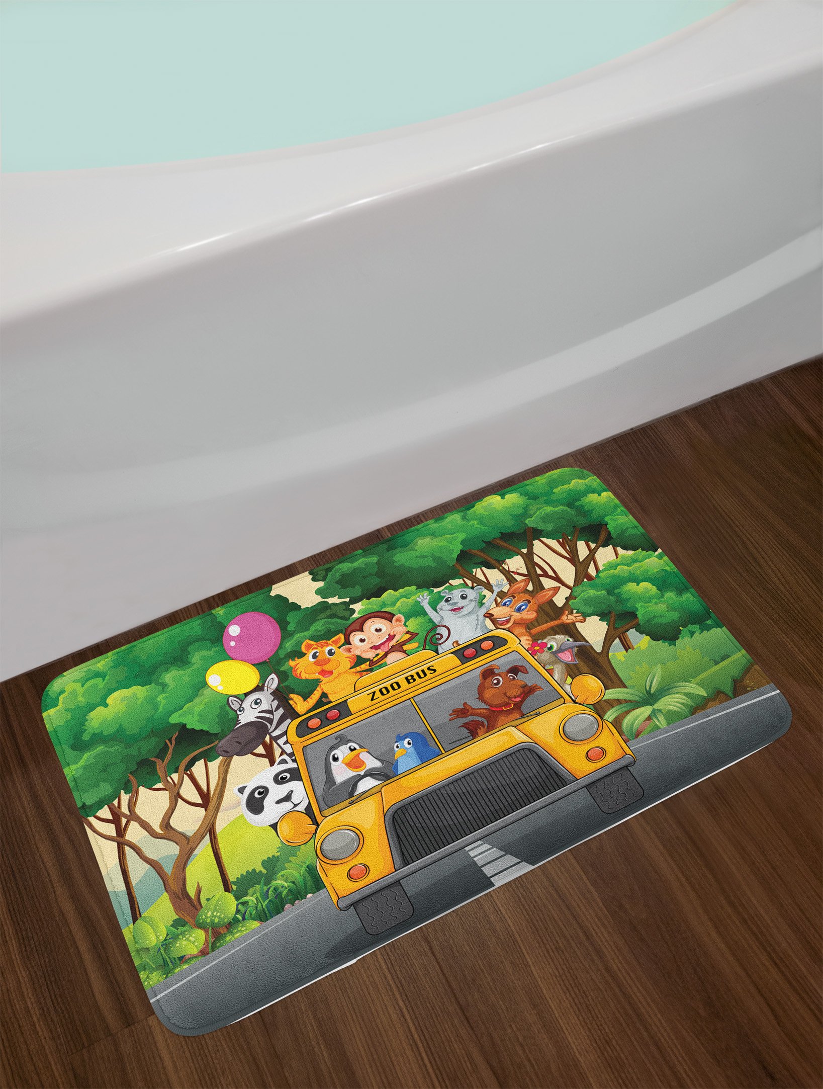 Ambesonne Non-Slip Plush Bath Mat - Zoo Animals Balloons Bus Travel Wilderness Scenery Print, 30.2 x 20 Inches, Green Mustard - Soft Bathroom Rug for Kids & Adults, Perfect for Bathroom Decor and Floor Safety