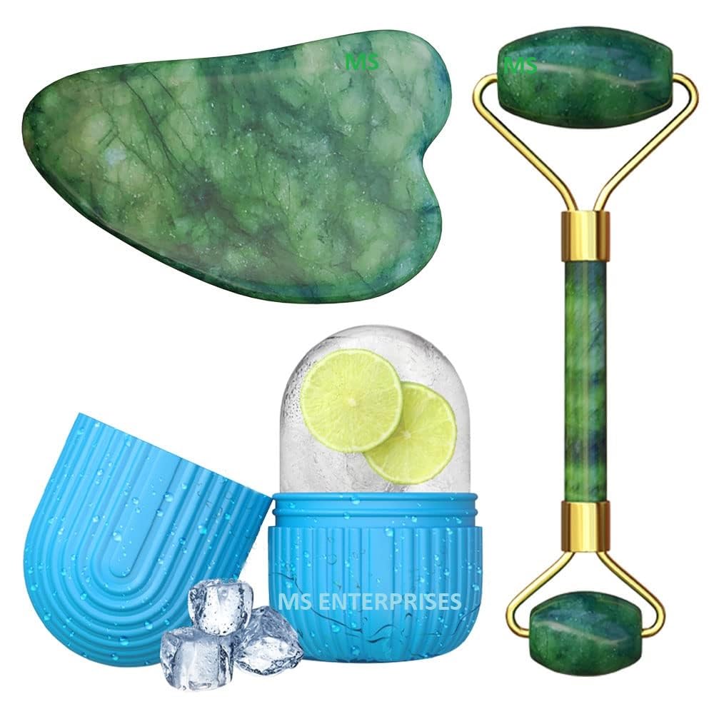 Jade Roller & Gua Sha Stone Set - 3-Piece Facial Massage Kit with Ice Roller, Gua Sha Tool & Jade Roller for Skin Care, Anti-Aging & Puffiness Relief | Perfect for Daily Skincare Routine, Spa Day & Self-Care Rituals
