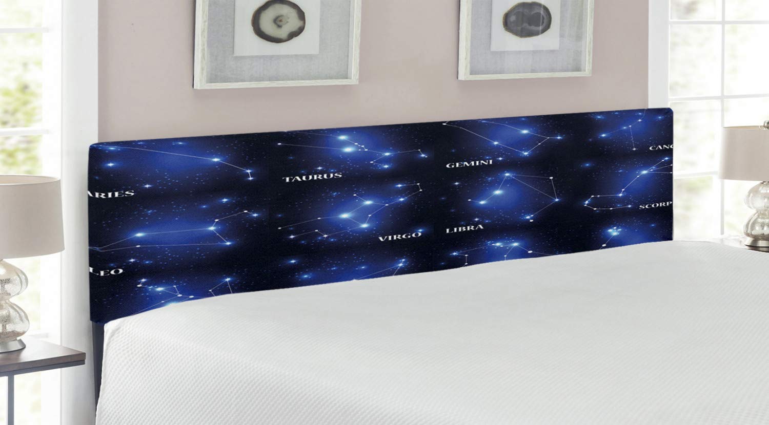 Ambesonne King Size Constellation Headboard - Zodiac Sign & Star Cluster Design, Upholstered Metal Bed Frame with Memory Foam, Dark Blue & White - Perfect for Bedroom Decor & Astrology Lovers