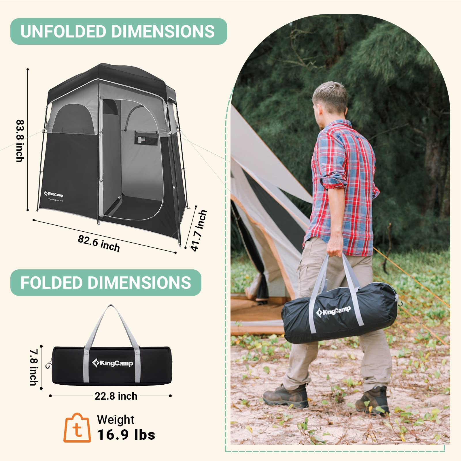 KingCamp Portable Outdoor Shower Tent with Waterproof Shower Bag - Ideal for Camping, Beach, Hiking & Backpacking Trips