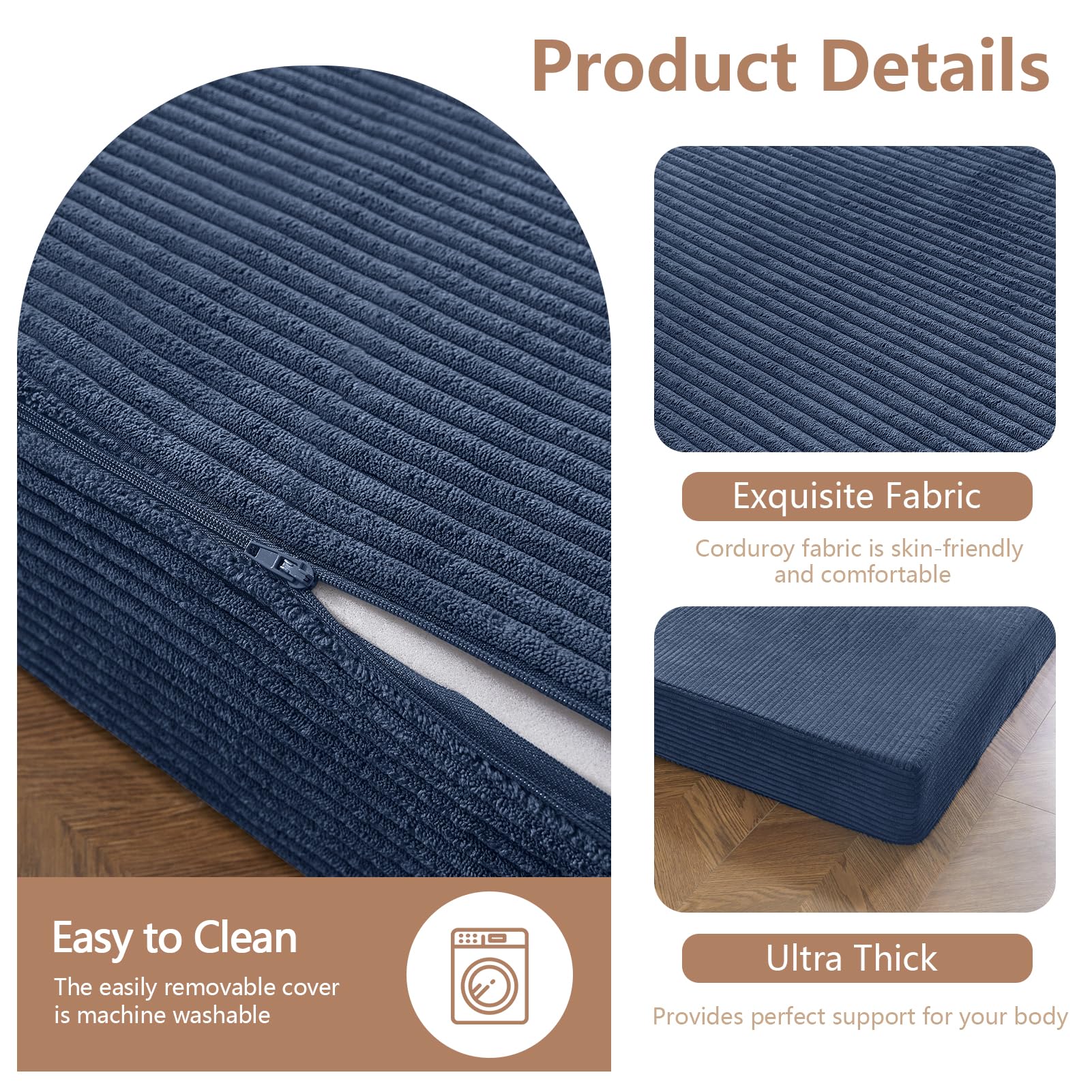 MAXYOYO 6 Inch Corduroy Tri-Folding Gel Memory Foam Mattress Topper - Foldable Guest Bed & Camping Pad in Blue | Perfect for Spare Rooms, Sleepovers & Outdoor Adventures