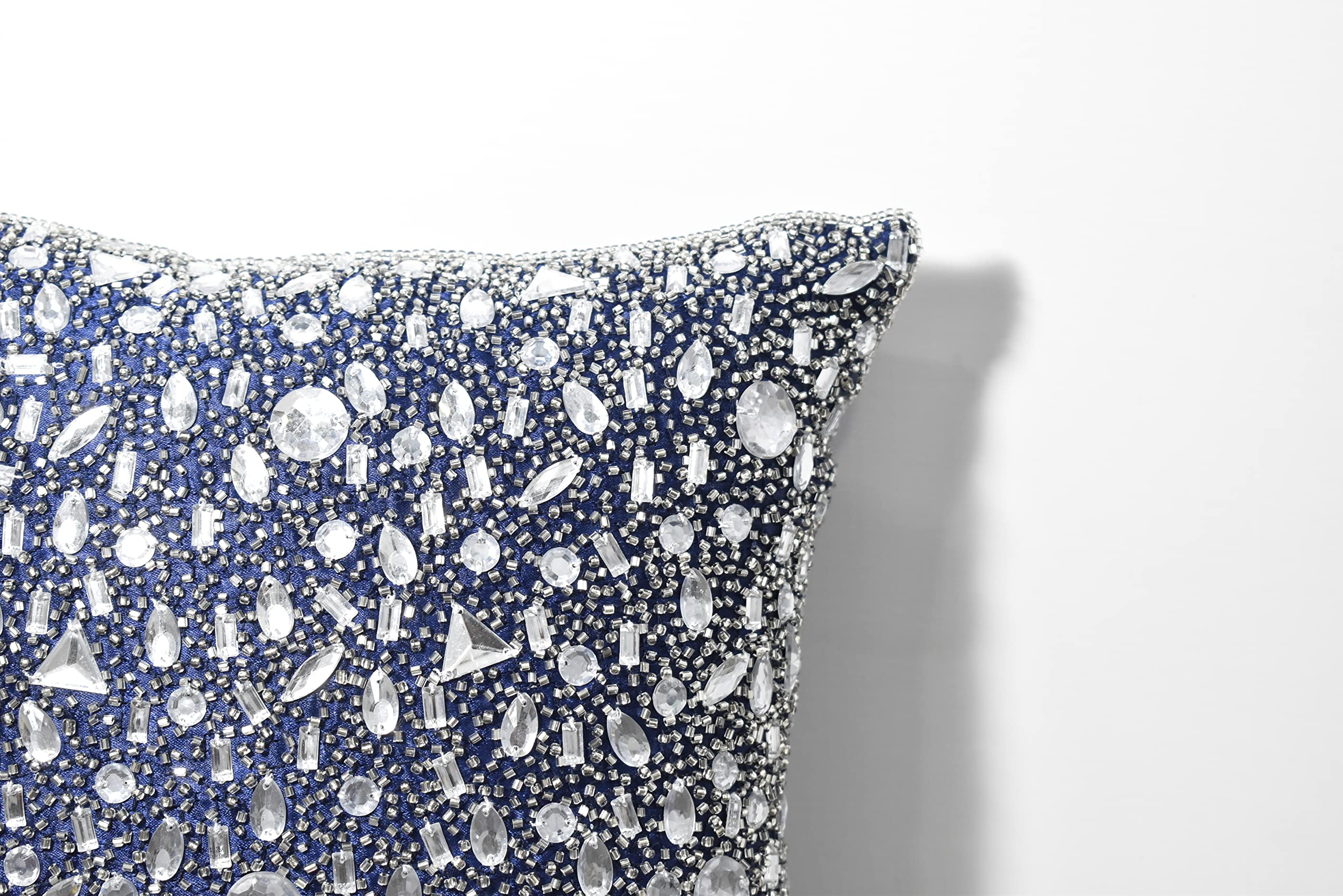 Luxury Navy Blue Silver Beaded Throw Pillow Cover - Handmade Embroidered Decorative Pillow for Sofa, Bed, Couch - Modern Contemporary Embellished Custom Design (26x26 Inches) - Perfect for Living Room, Bedroom Decor