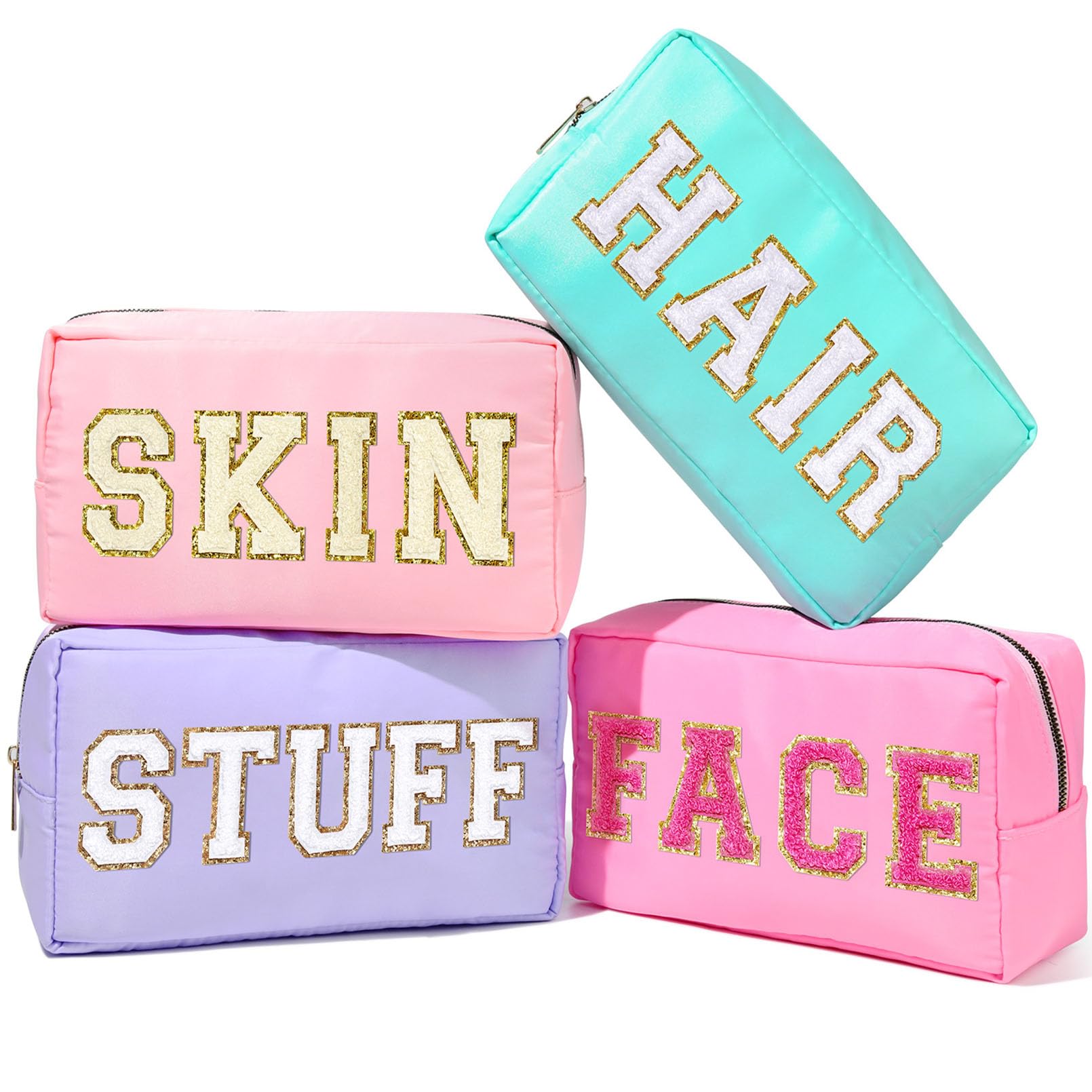 4 Pack Nylon Makeup Bags - Preppy Cosmetic Organizer with Chenille Letters, Waterproof Travel Toiletry Pouches for Women (SKIN STUFF HAIR FACE) - Perfect for Travel, Gym & Daily Essentials Storage