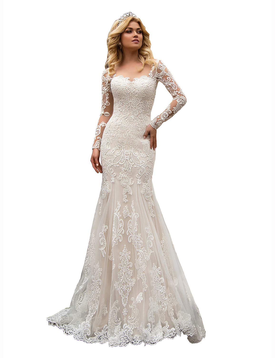 Elegant Ivory Lace Mermaid Beach Wedding Dresses for Plus Size Brides 2020 - Sexy Long Sleeve Bridal Gowns for Women Size 16 | Perfect for Destination Weddings, Beach Ceremonies & Romantic Photoshoots