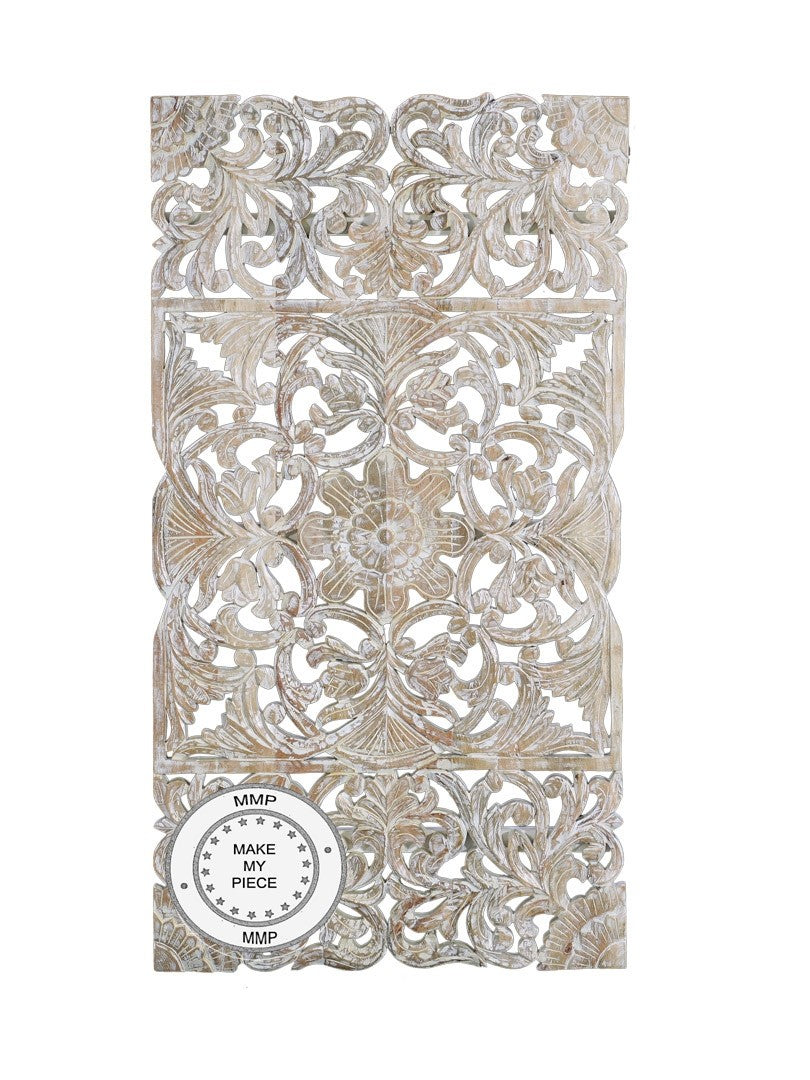 Hand Carved Dynasty Oriental Furniture Whitewashed Panel Bed Headboard - Perfect for Bedroom Decor, Master Suite, and Luxury Home Interiors