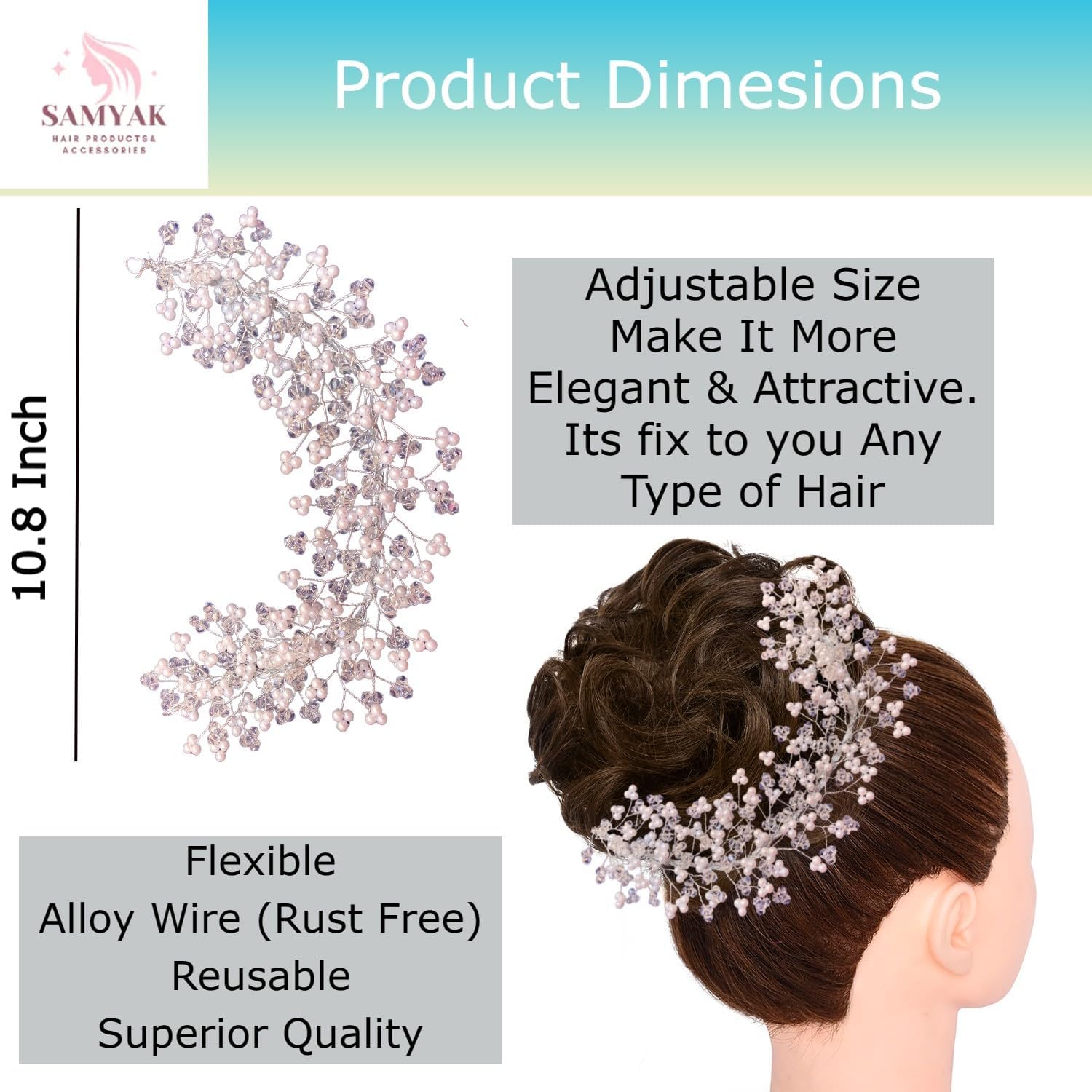 Samyak Silver Crystal Pearl Hair Vine Tiara - Elegant Bridal Hair Accessory for Women | Wedding Headpiece, Bridesmaid Hair Jewelry, Hair Pin, Bun Clip | Perfect for Weddings, Prom, Parties & Special Occasions