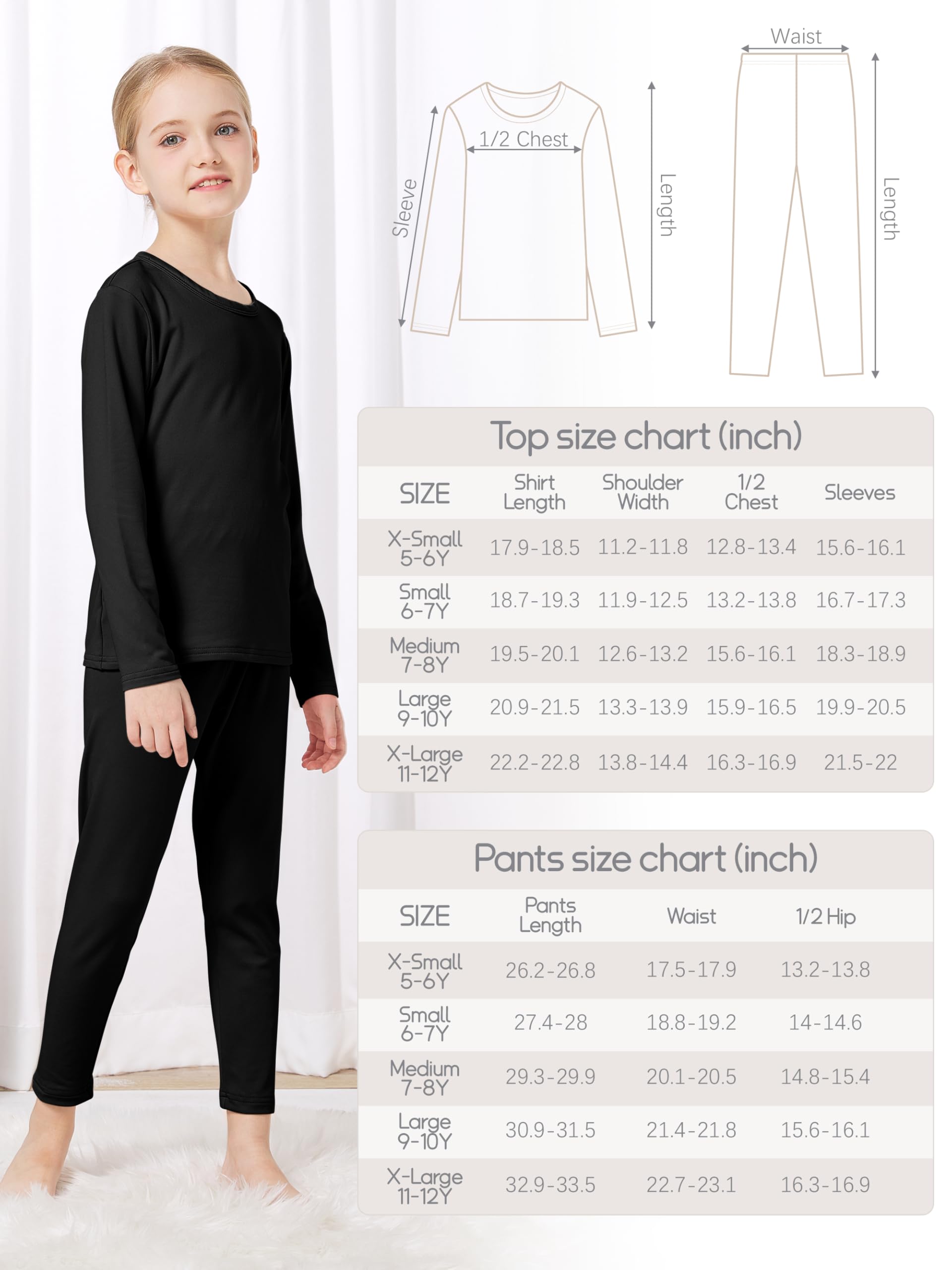 VZV 3-Pack Girls' Thermal Underwear Set - Fleece Lined Winter Base Layer & Long Johns for Kids - Warm Cold Weather Outfits for Snow Play, Skiing & Outdoor Activities