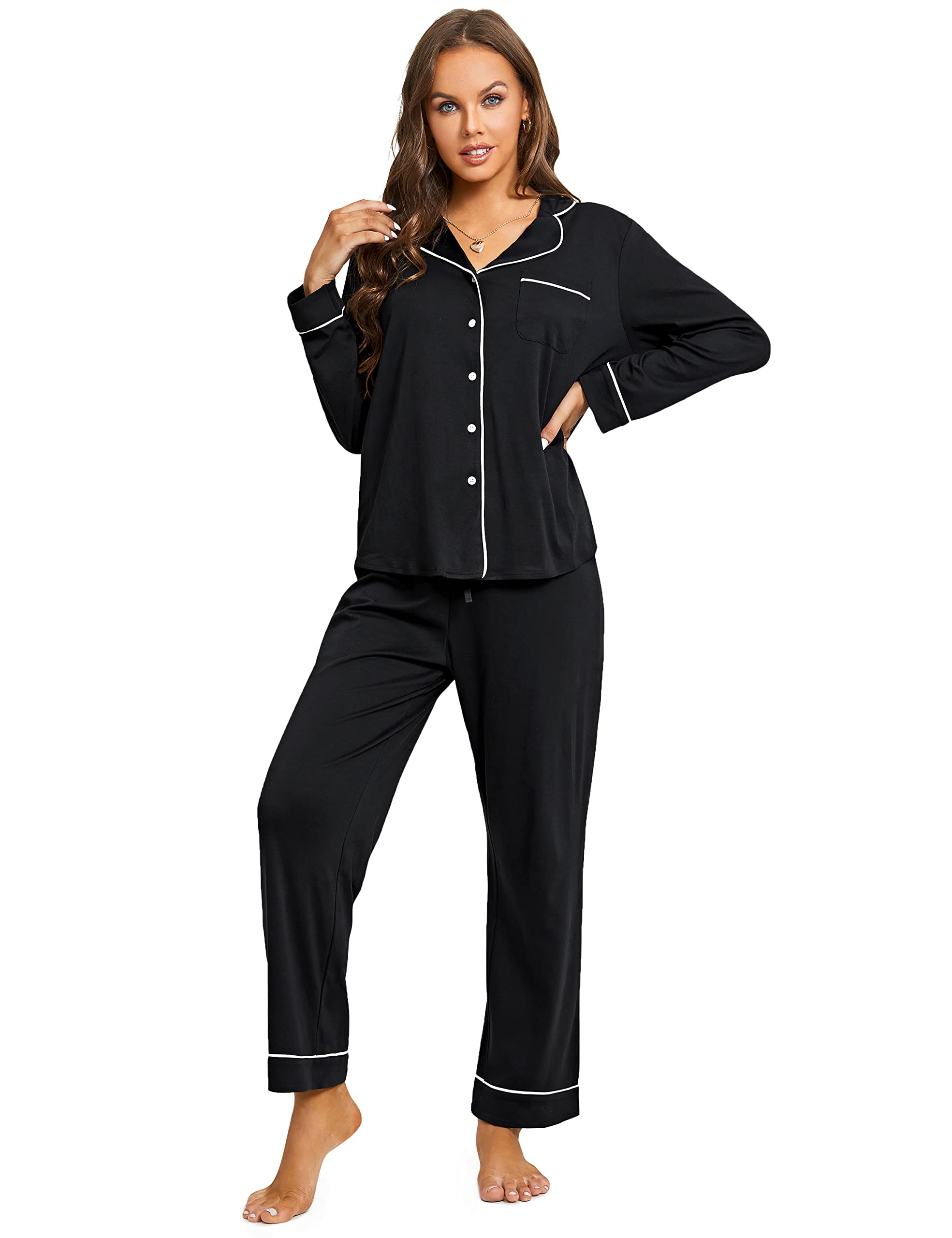 DOBREVA Women's Cotton Pajama Set - Soft & Comfortable 2-Piece Lounge Wear with Long Sleeves and Button Up Top - Perfect for Sleepwear, Relaxing at Home, and Cozy Nights