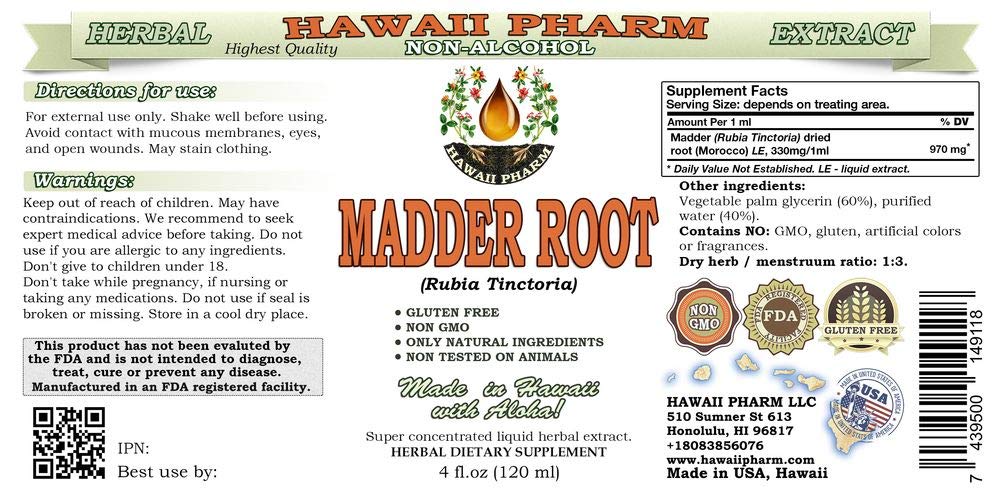 Organic Madder Root Alcohol-Free Liquid Extract (Rubia Tinctorum) - Natural Herbal Supplement for Skin & Hair Care - Glycerite Formula - Hawaii Pharm USA - 4 fl oz (Pack of 15) - Perfect for DIY Beauty Products & Natural Dyeing